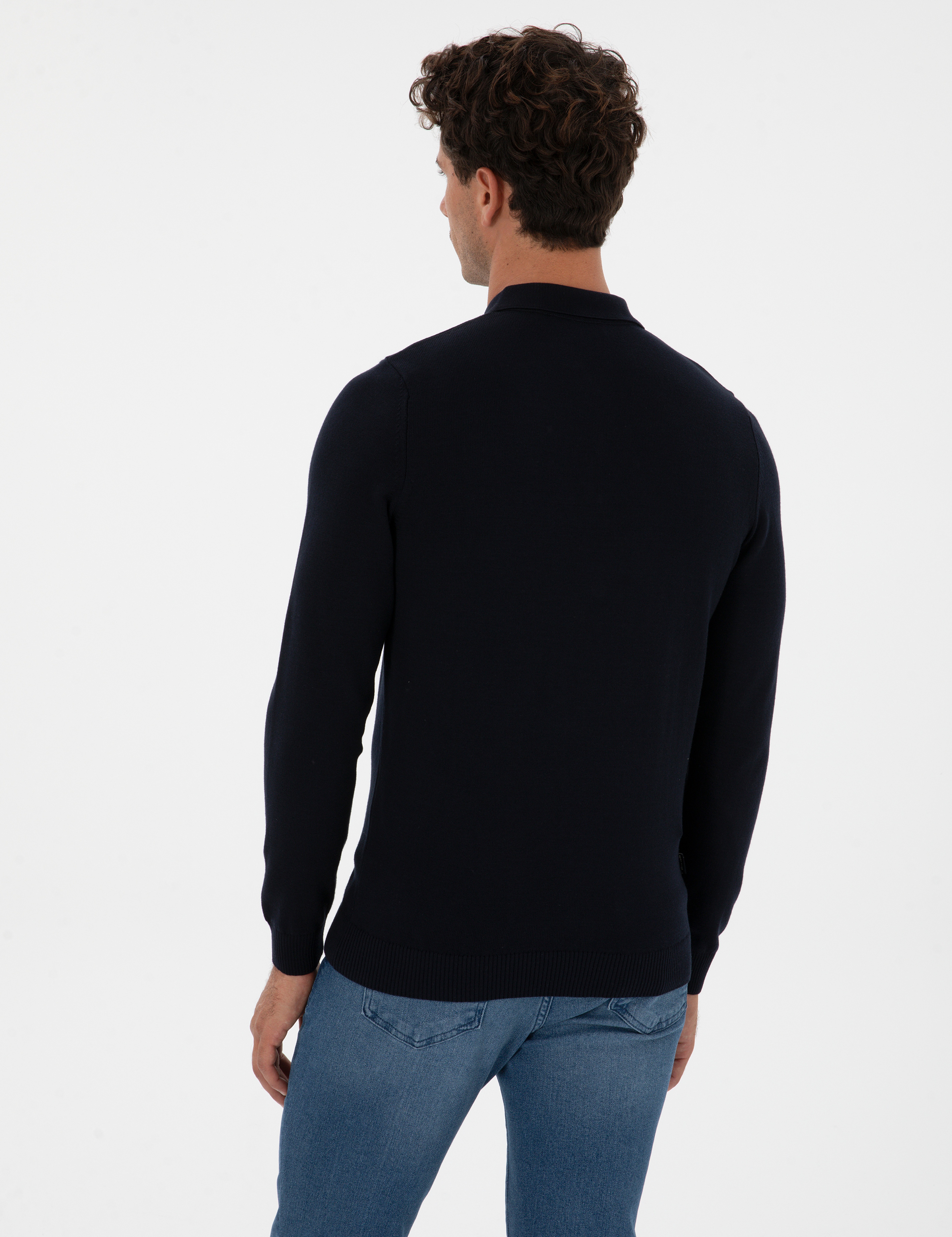 Lacivert Slim Fit Polo Yaka Fermuarlı Basic Triko Kazak - Image 5
