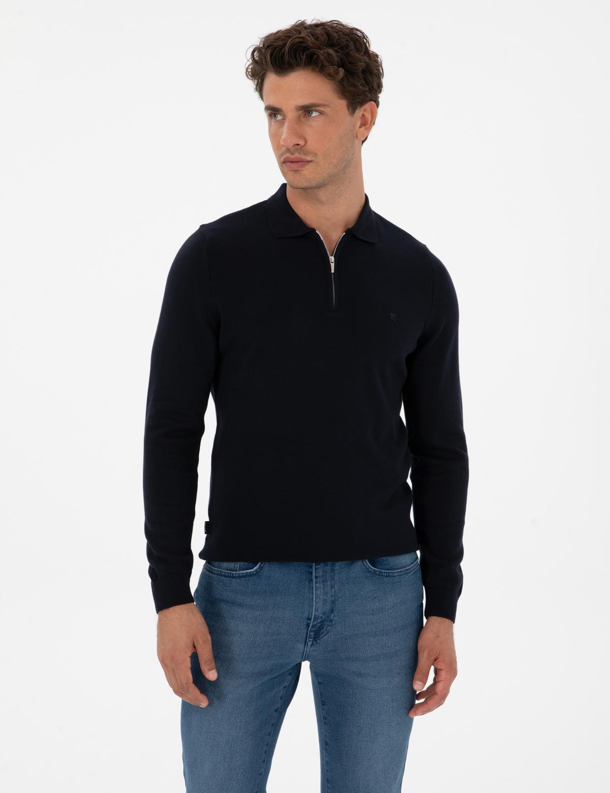 Lacivert Slim Fit Polo Yaka Fermuarlı Basic Triko Kazak