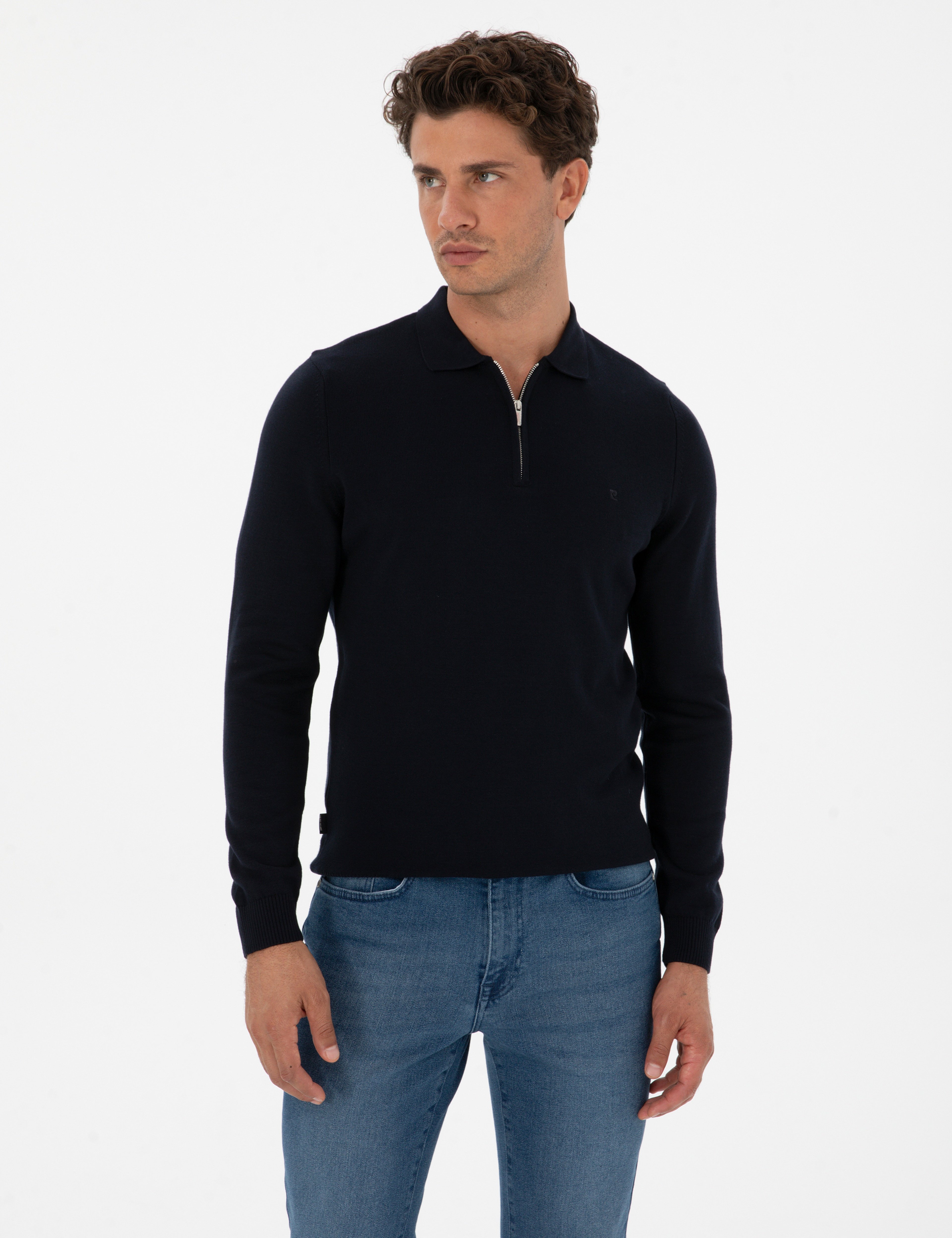 Lacivert Slim Fit Polo Yaka Fermuarlı Basic Triko Kazak