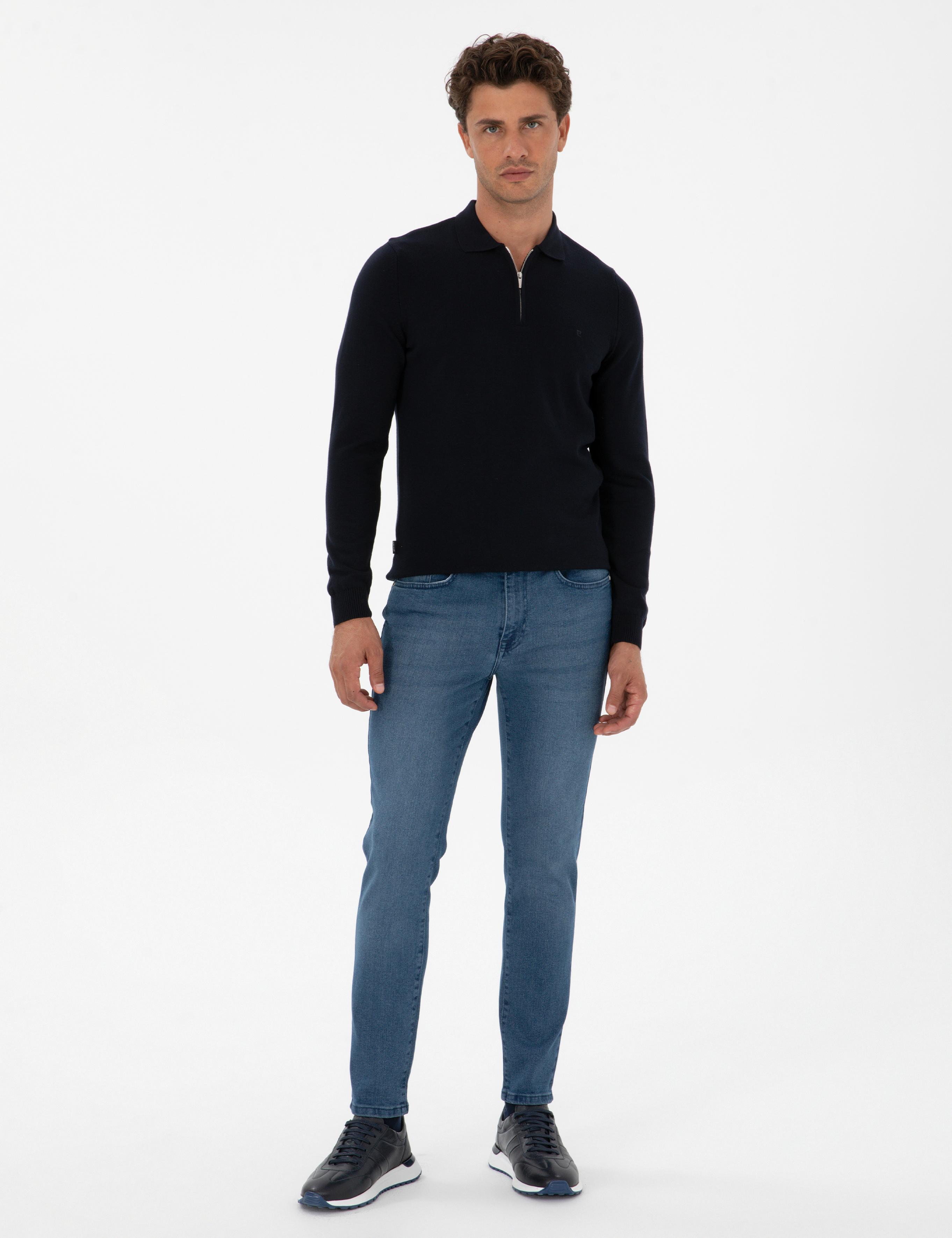 Lacivert Slim Fit Polo Yaka Fermuarlı Basic Triko Kazak