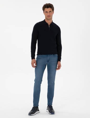 Lacivert Slim Fit Polo Yaka Fermuarlı Basic Triko Kazak