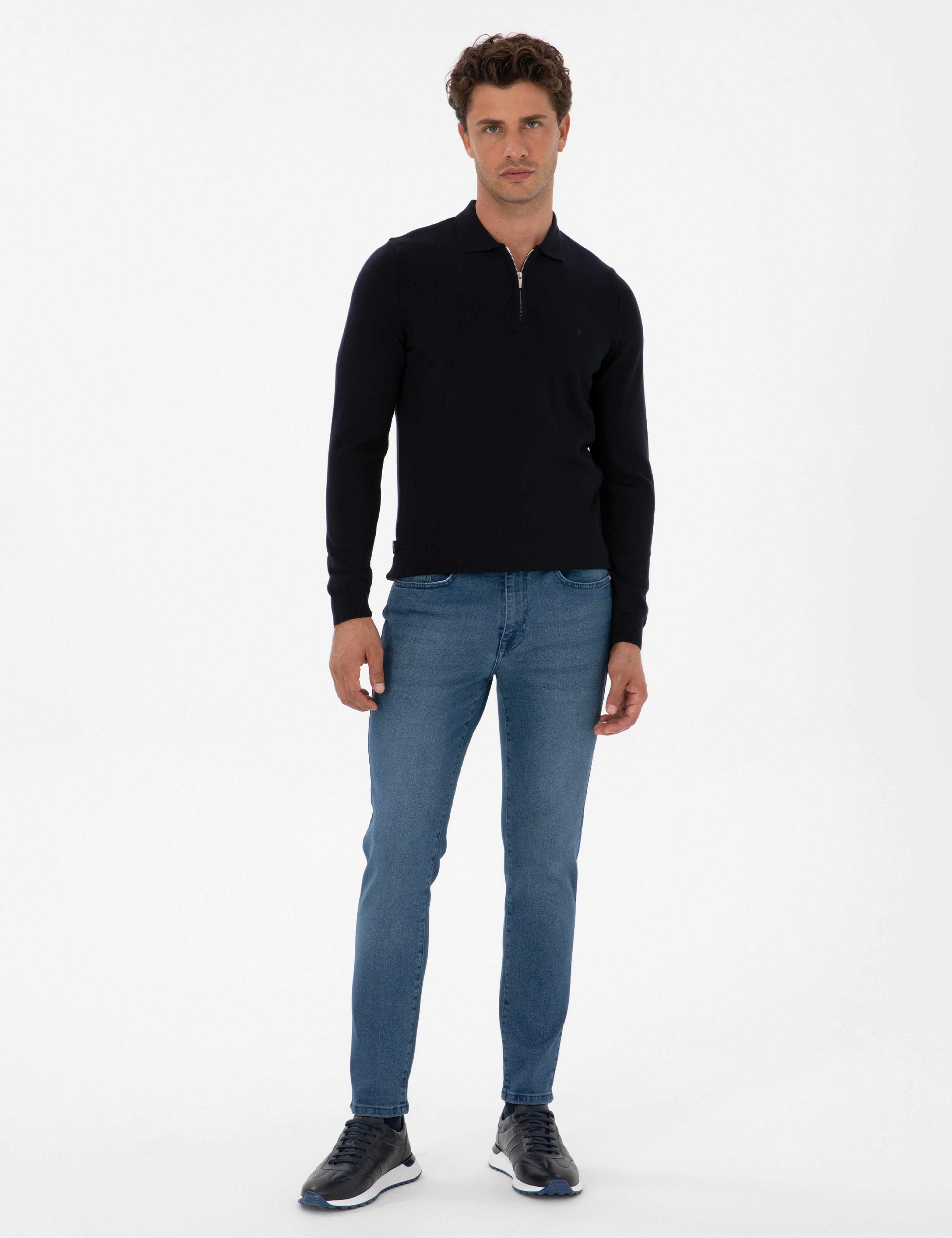 Lacivert Slim Fit Polo Yaka Fermuarlı Basic Triko Kazak