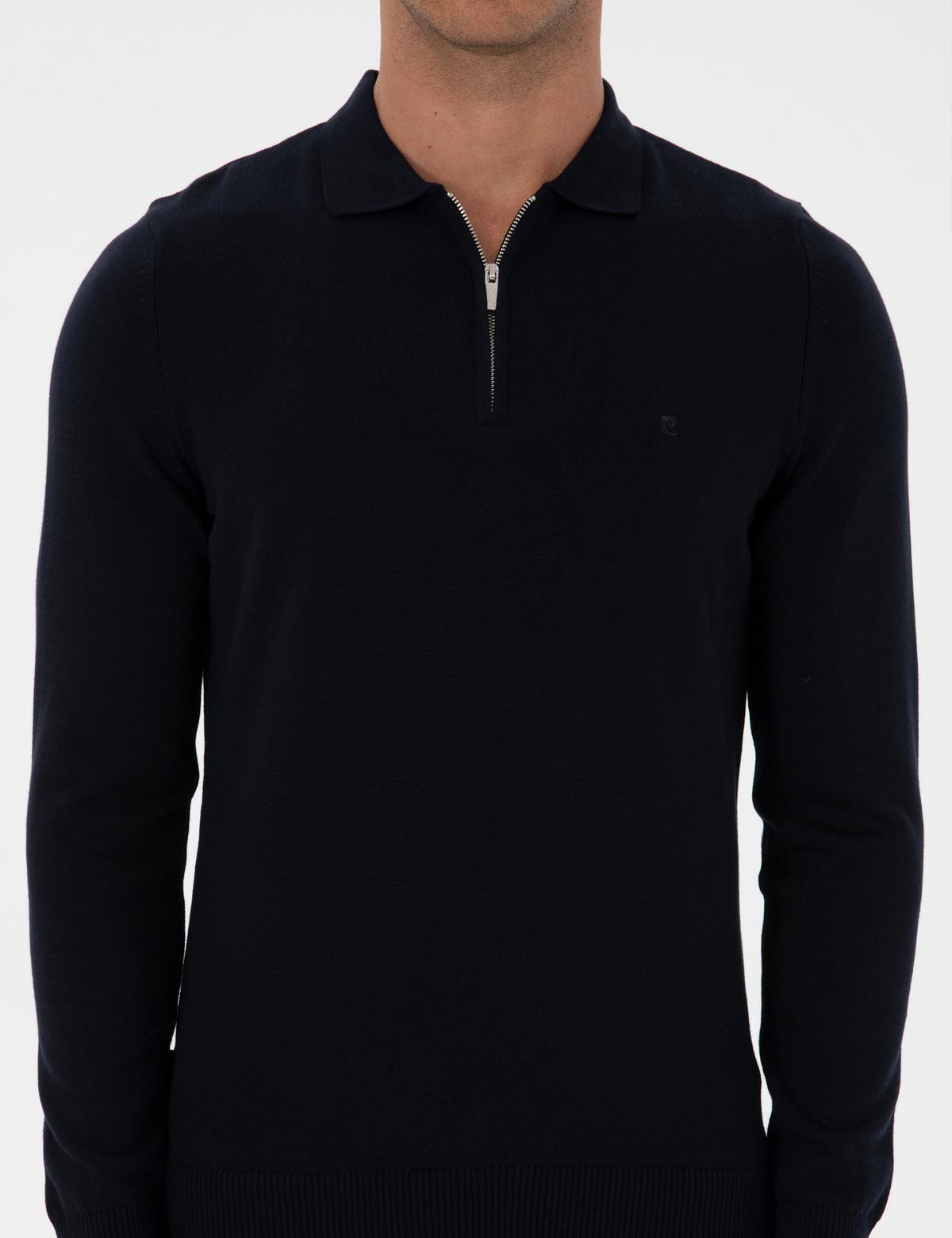 Lacivert Slim Fit Polo Yaka Fermuarlı Basic Triko Kazak - 50315406008