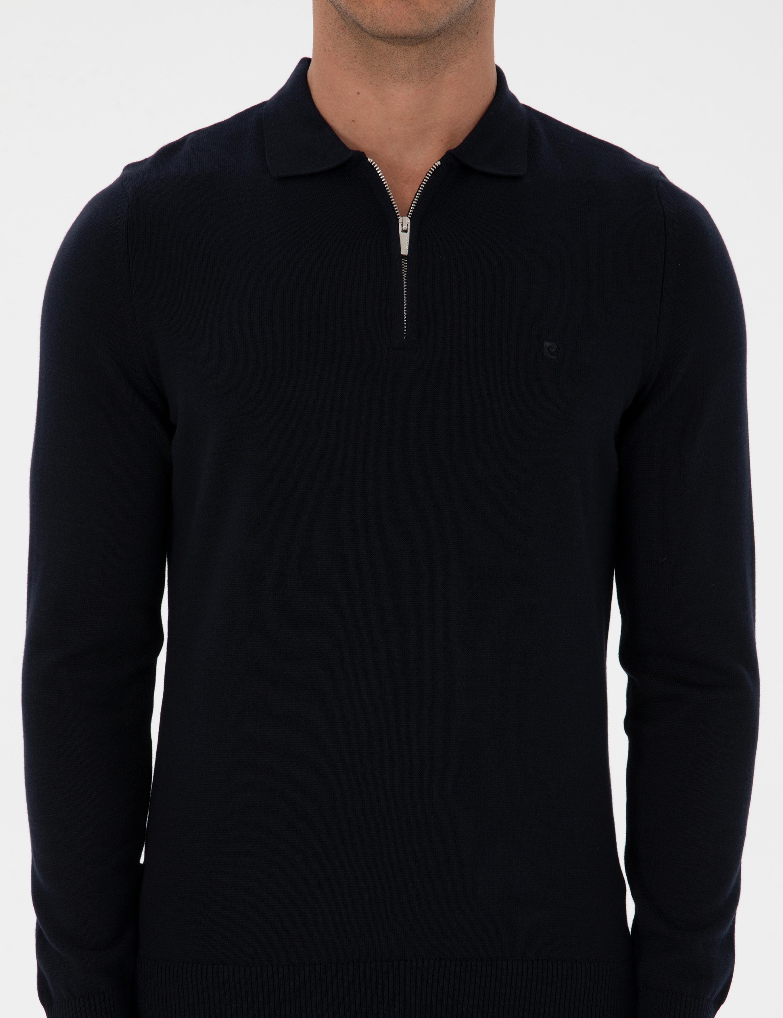 Lacivert Slim Fit Polo Yaka Fermuarlı Basic Triko Kazak