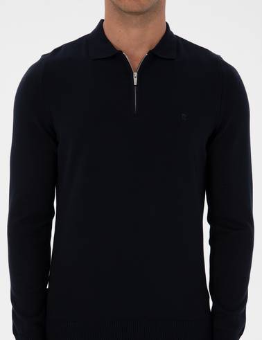 Lacivert Slim Fit Polo Yaka Fermuarlı Basic Triko Kazak