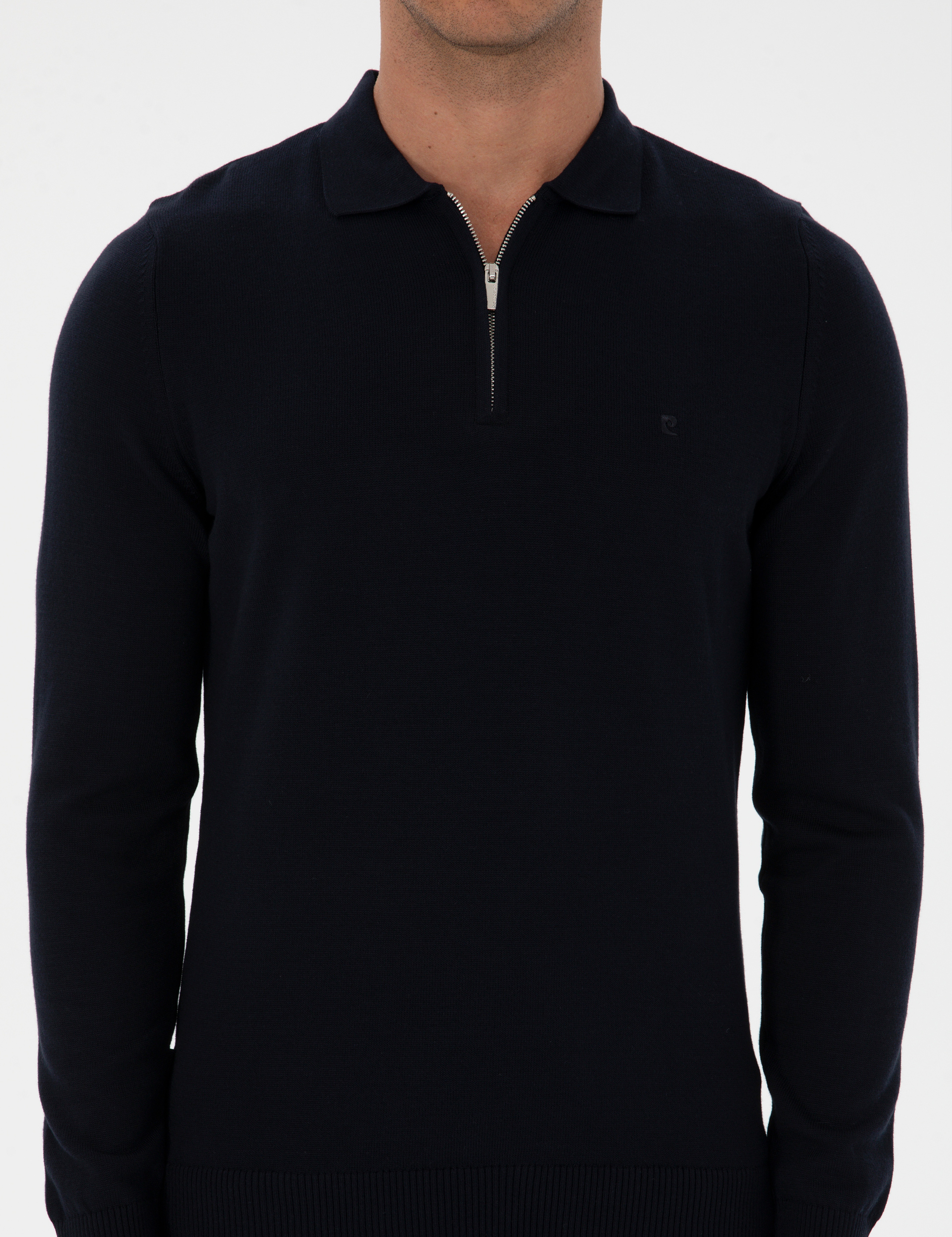 Lacivert Slim Fit Polo Yaka Fermuarlı Basic Triko Kazak - Image 6