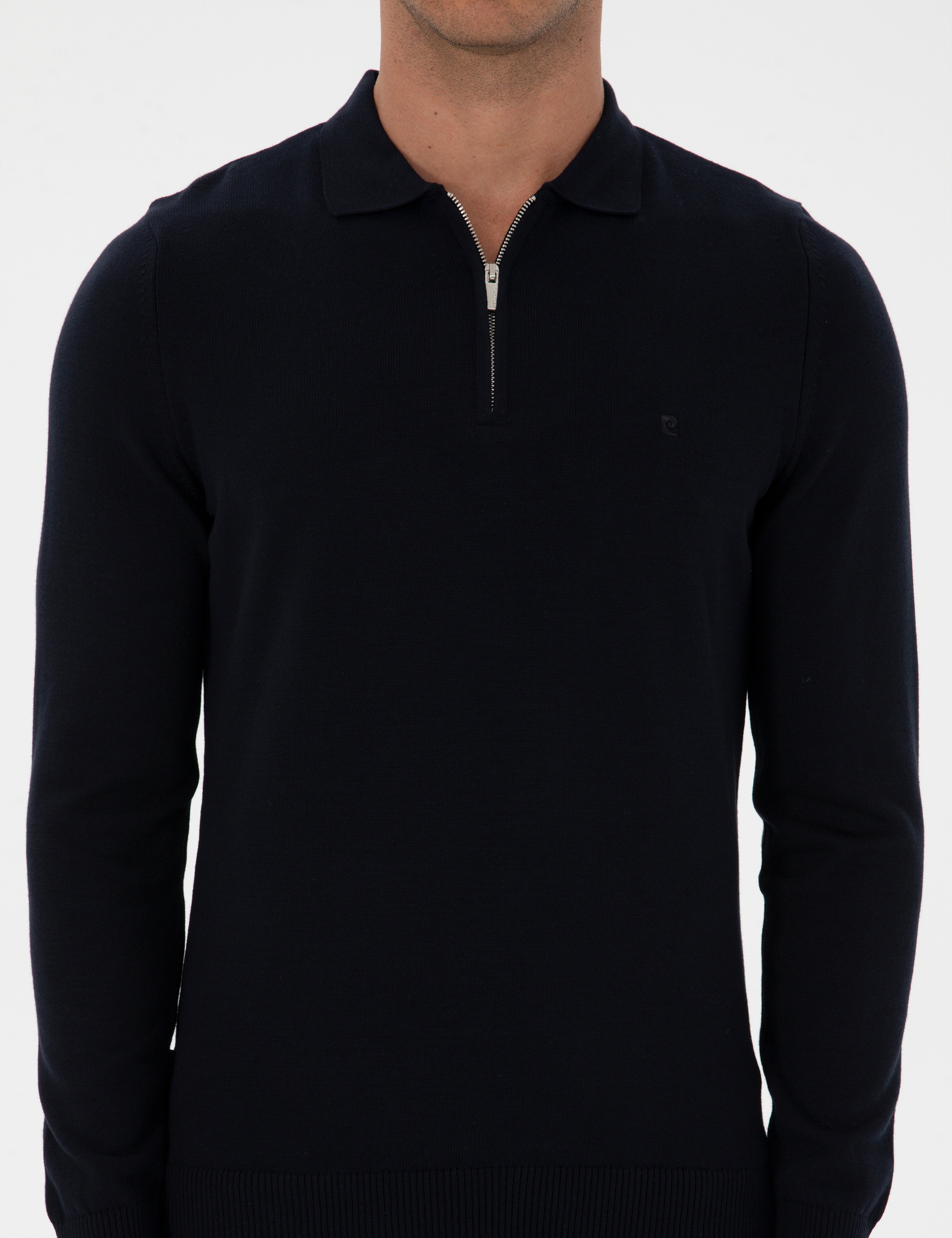Lacivert Slim Fit Polo Yaka Fermuarlı Basic Triko Kazak