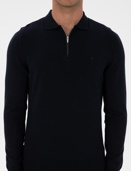Lacivert Slim Fit Polo Yaka Fermuarlı Basic Triko Kazak - 50315406008