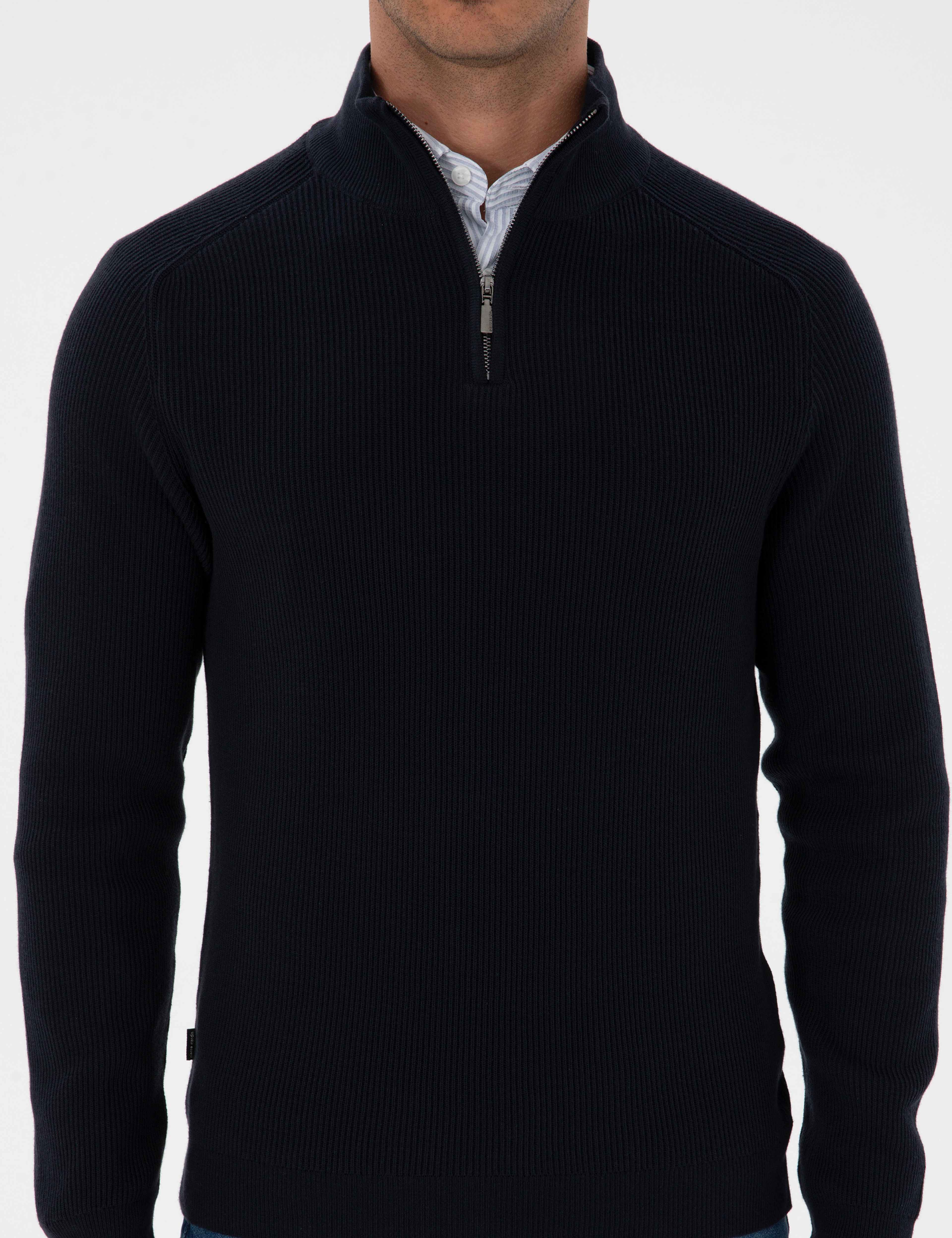 Lacivert Slim Fit Dik Yaka Fermuarlı Triko Kazak - Image 6