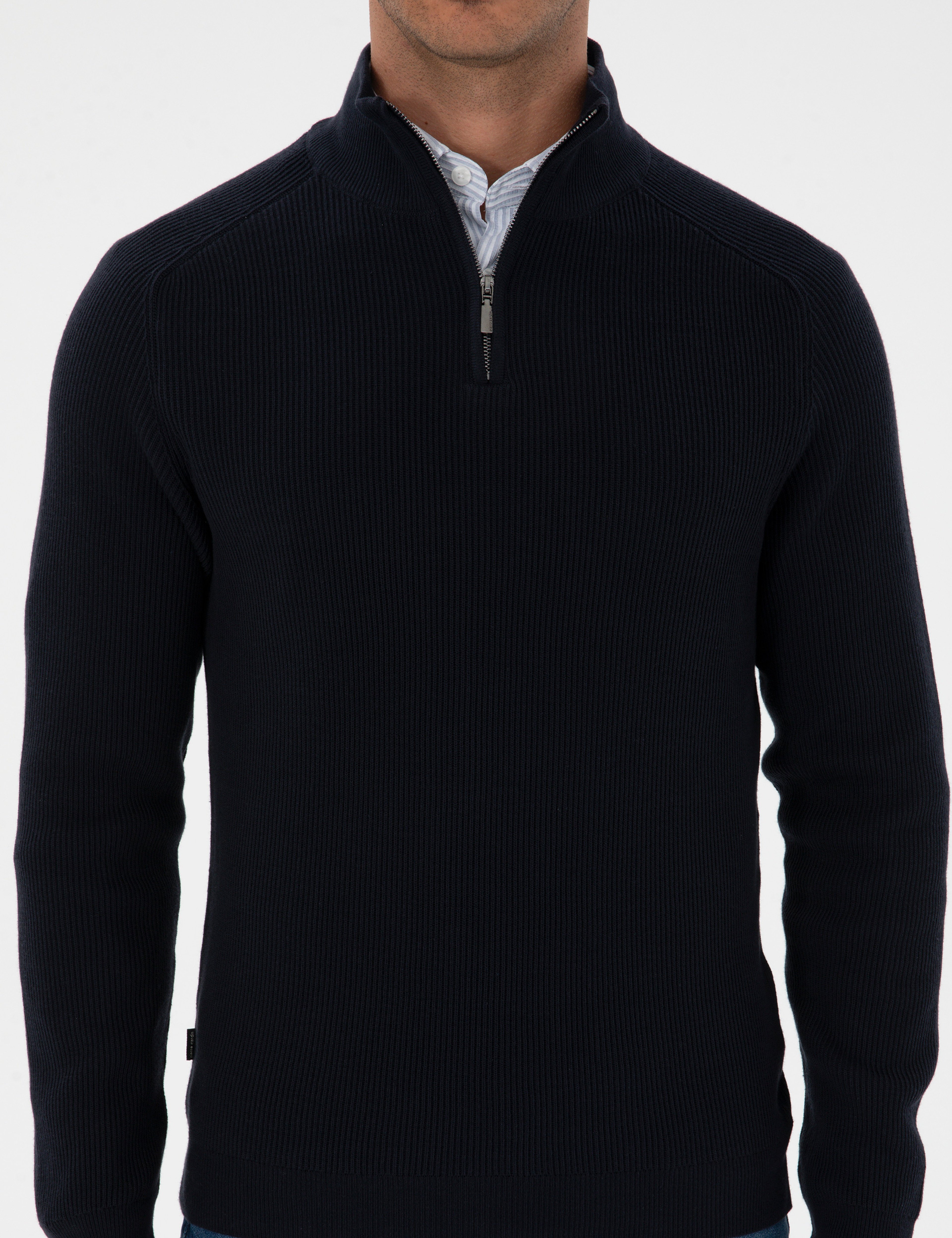 Lacivert Slim Fit Dik Yaka Fermuarlı Triko Kazak