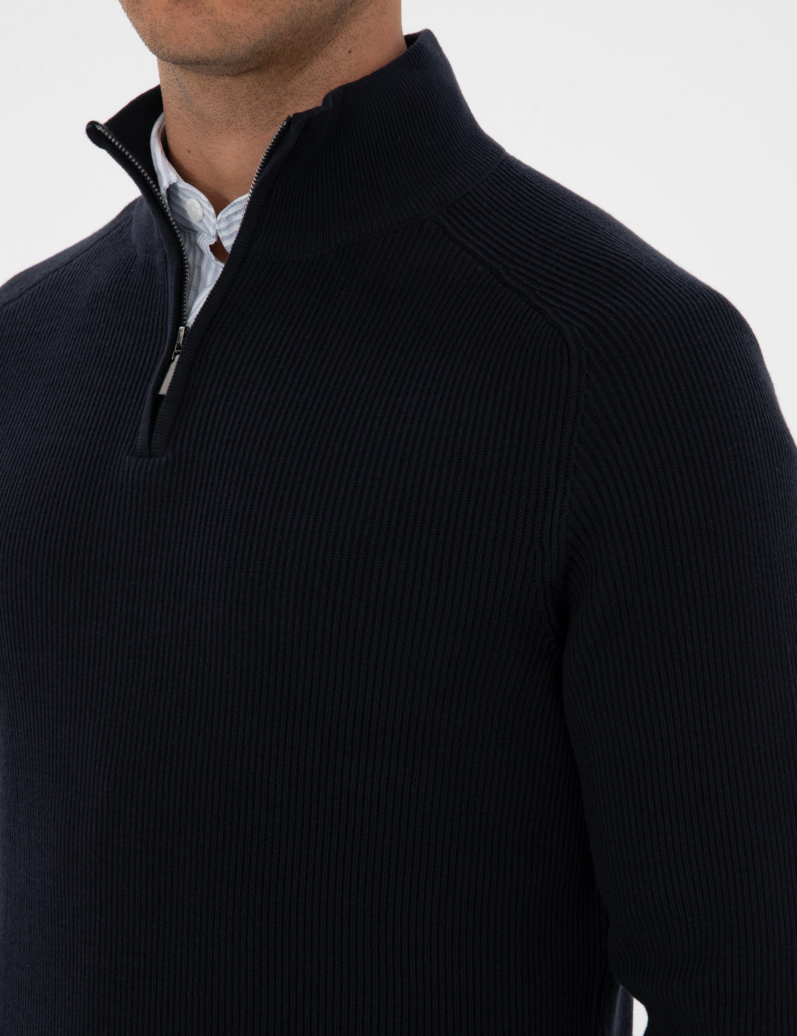 Lacivert Slim Fit Dik Yaka Fermuarlı Triko Kazak