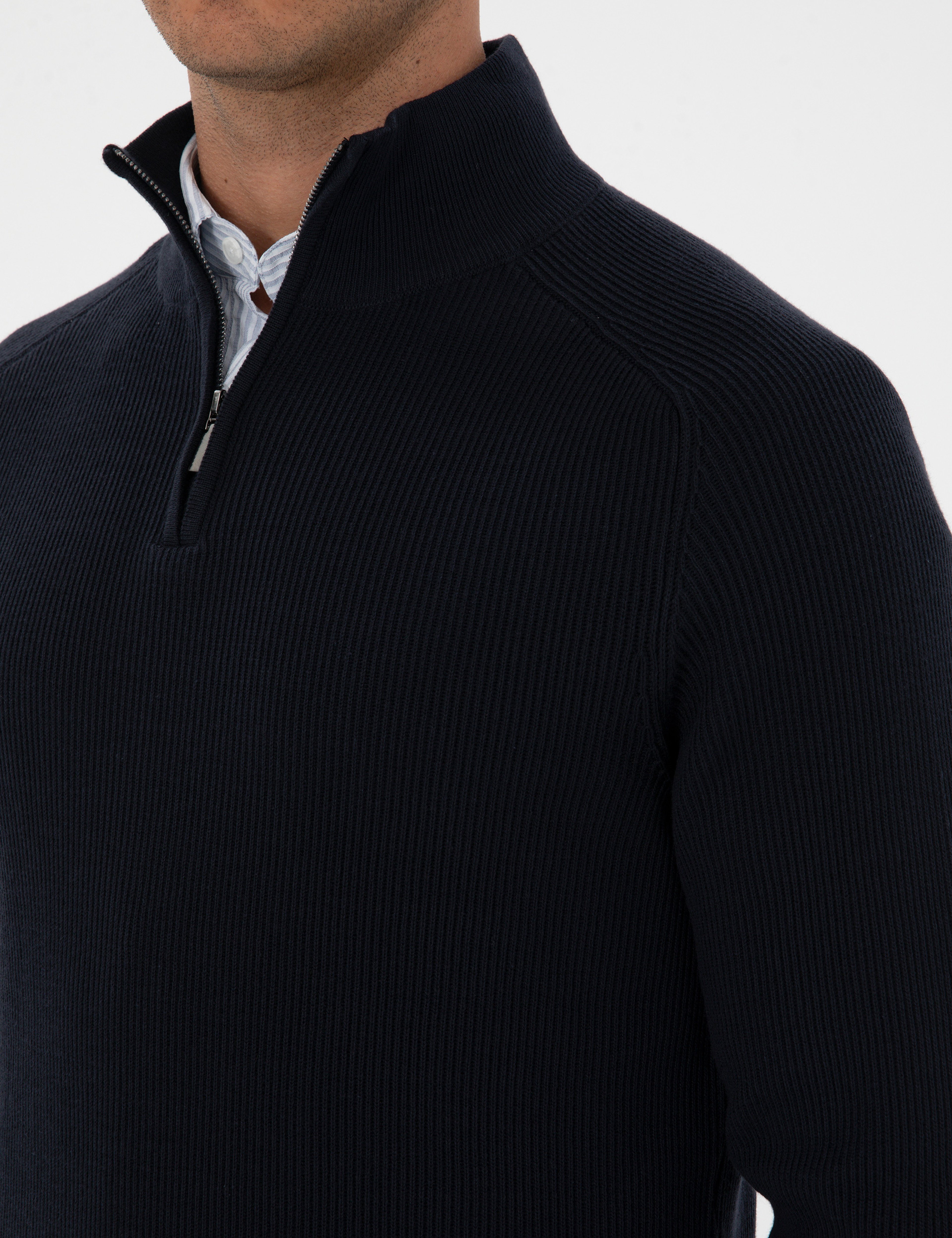 Lacivert Slim Fit Dik Yaka Fermuarlı Triko Kazak - Image 7