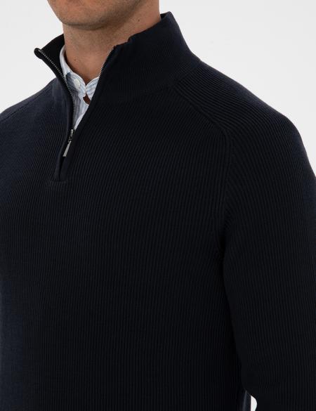 Lacivert Slim Fit Dik Yaka Fermuarlı Triko Kazak - 50315732017