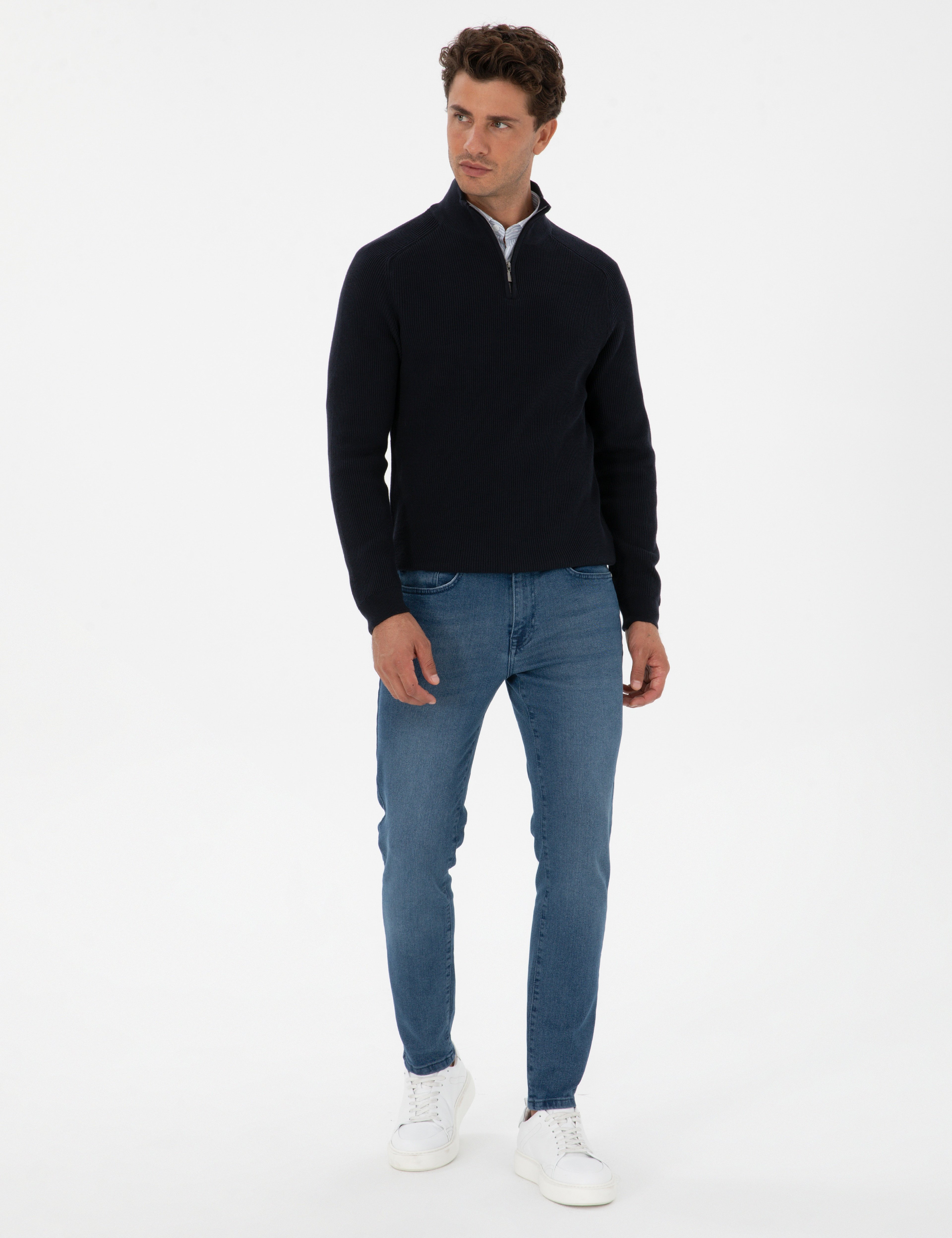 Lacivert Slim Fit Dik Yaka Fermuarlı Triko Kazak - Image 4
