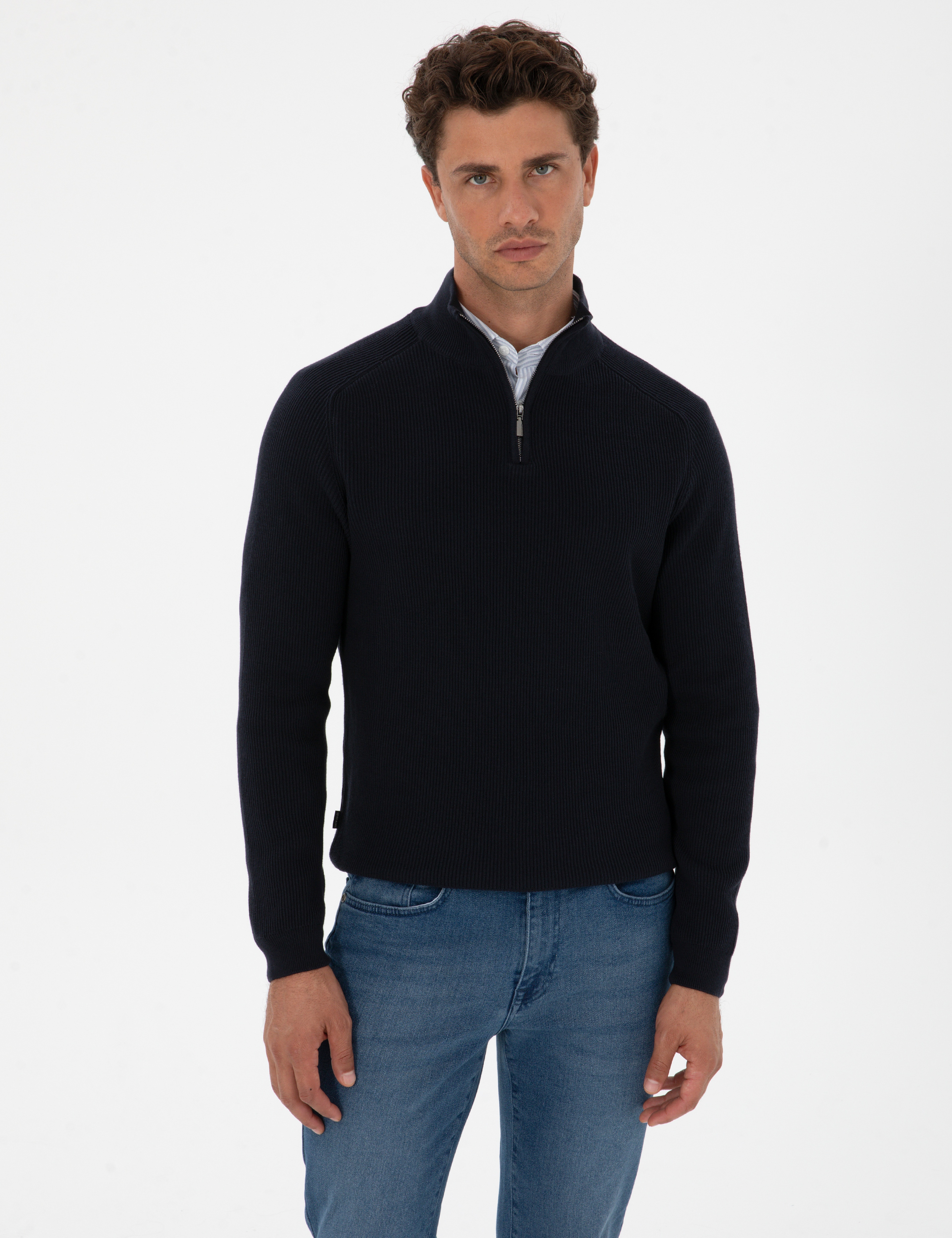 Lacivert Slim Fit Dik Yaka Fermuarlı Triko Kazak - Image 1