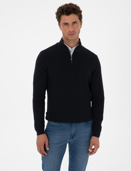 Lacivert Slim Fit Dik Yaka Fermuarlı Triko Kazak - 50315732017