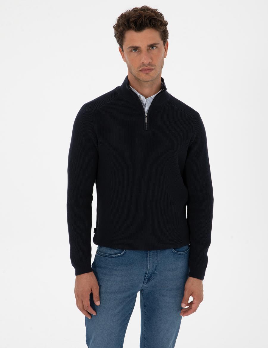 Lacivert Slim Fit Dik Yaka Fermuarlı Triko Kazak