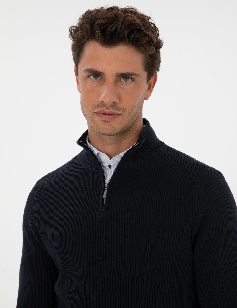 Lacivert Slim Fit Dik Yaka Fermuarlı Triko Kazak