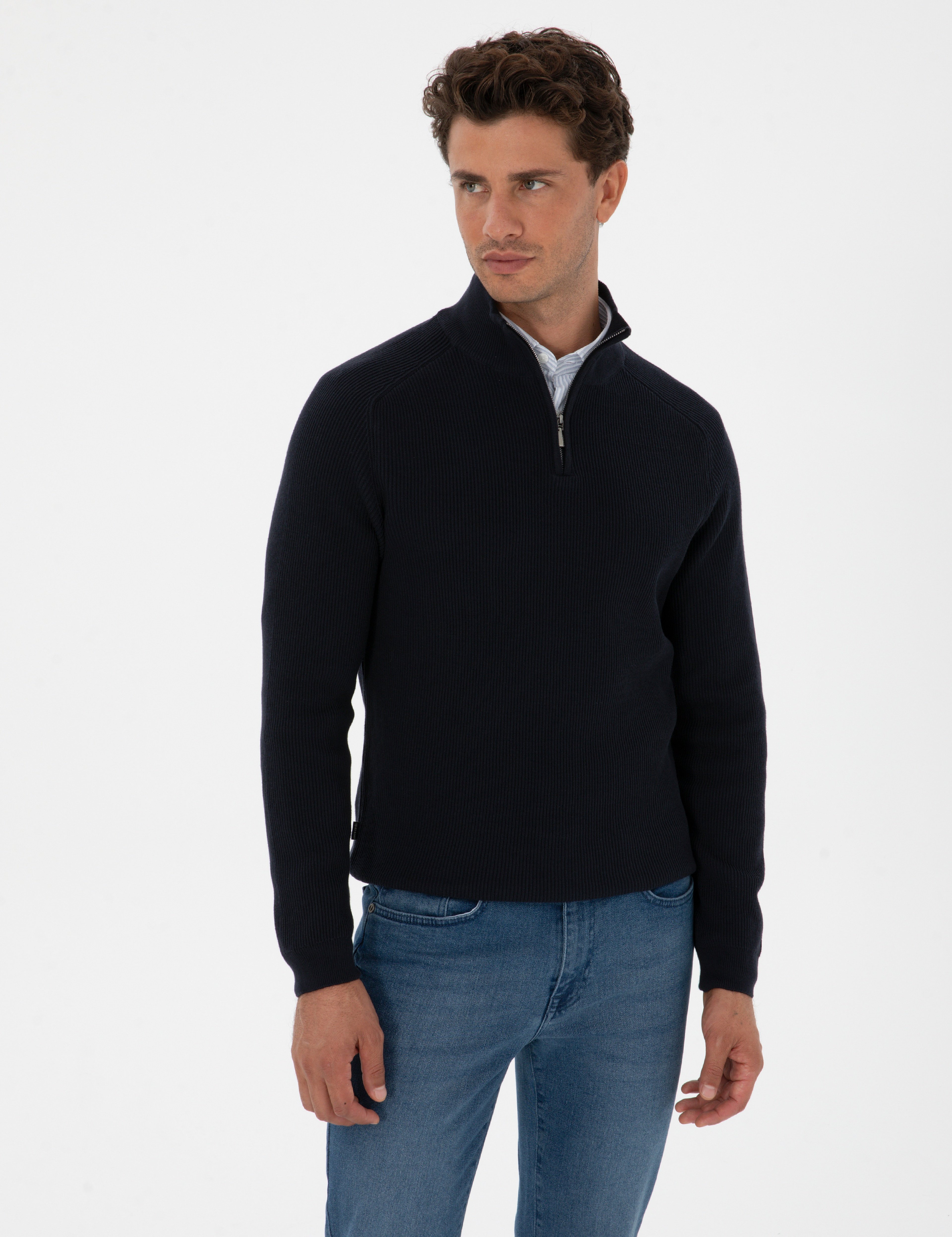Lacivert Slim Fit Dik Yaka Fermuarlı Triko Kazak