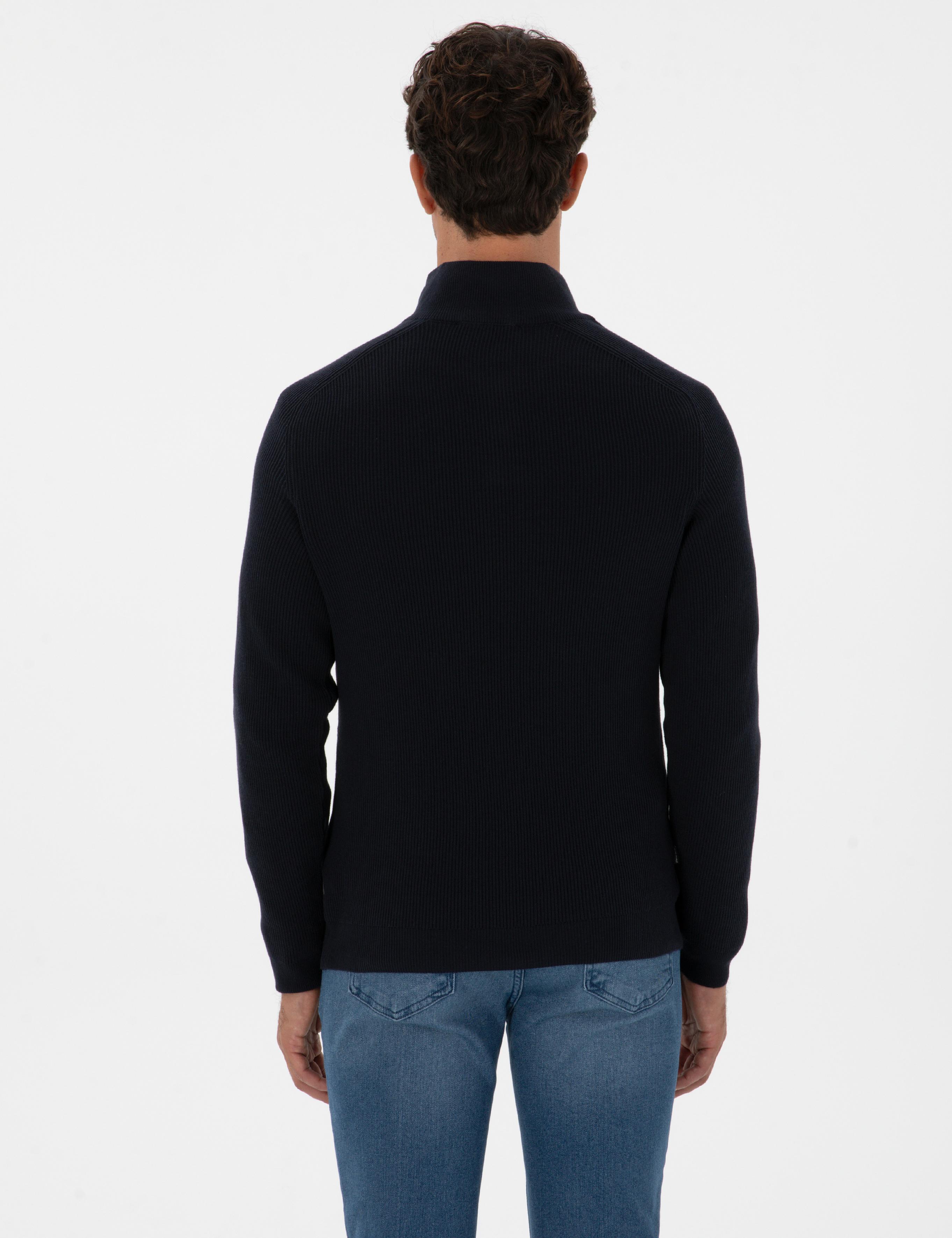 Lacivert Slim Fit Dik Yaka Fermuarlı Triko Kazak