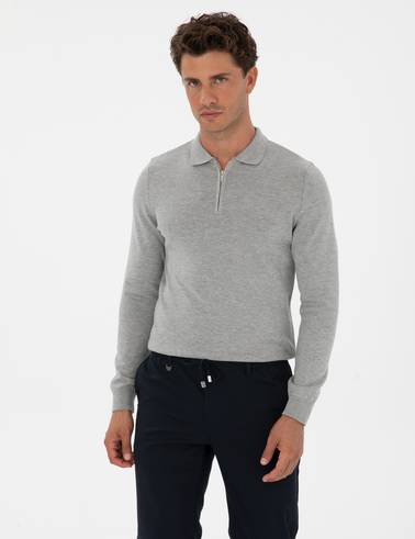 Gri Melanj Slim Fit Polo Yaka Fermuarlı Basic Triko Kazak