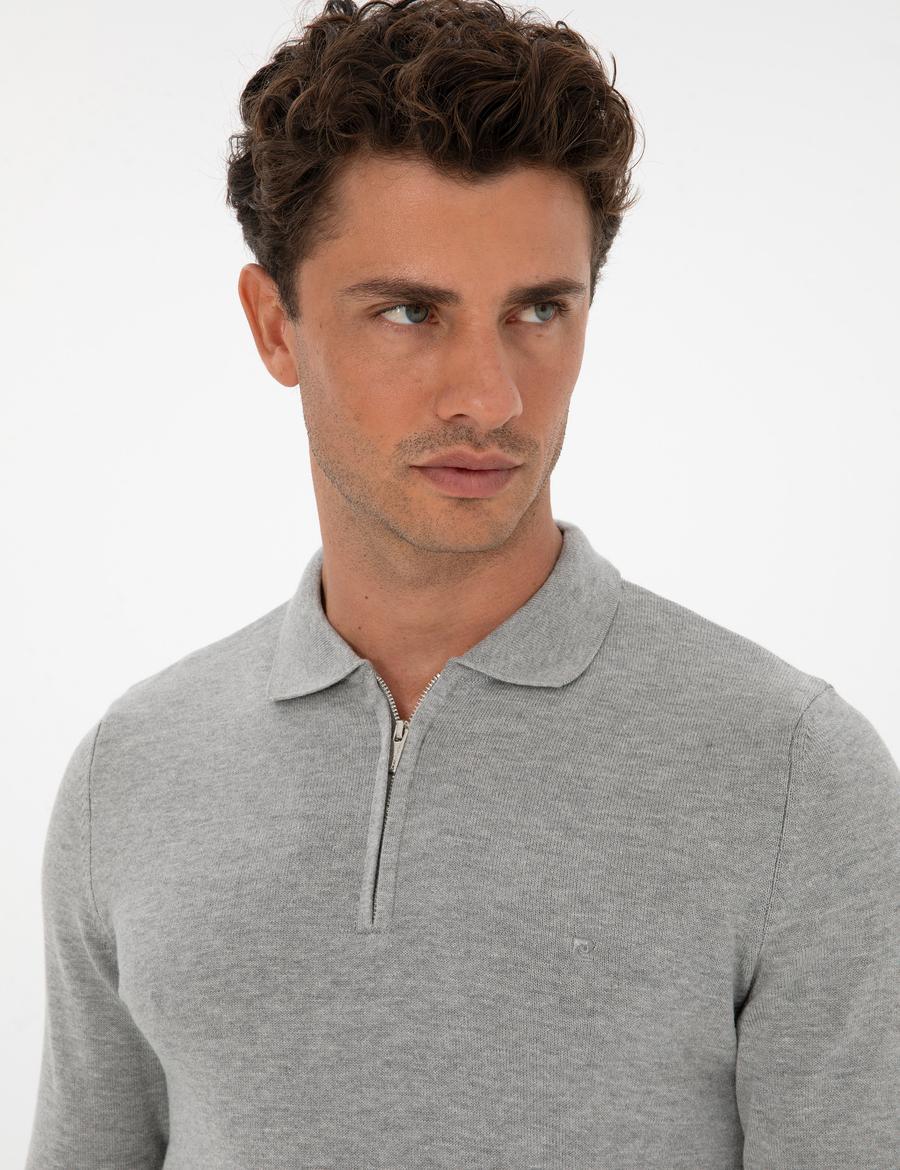 Gri Melanj Slim Fit Polo Yaka Fermuarlı Basic Triko Kazak