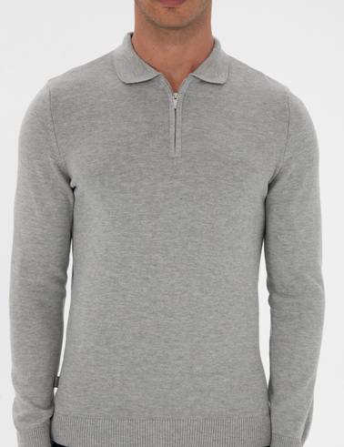 Gri Melanj Slim Fit Polo Yaka Fermuarlı Basic Triko Kazak