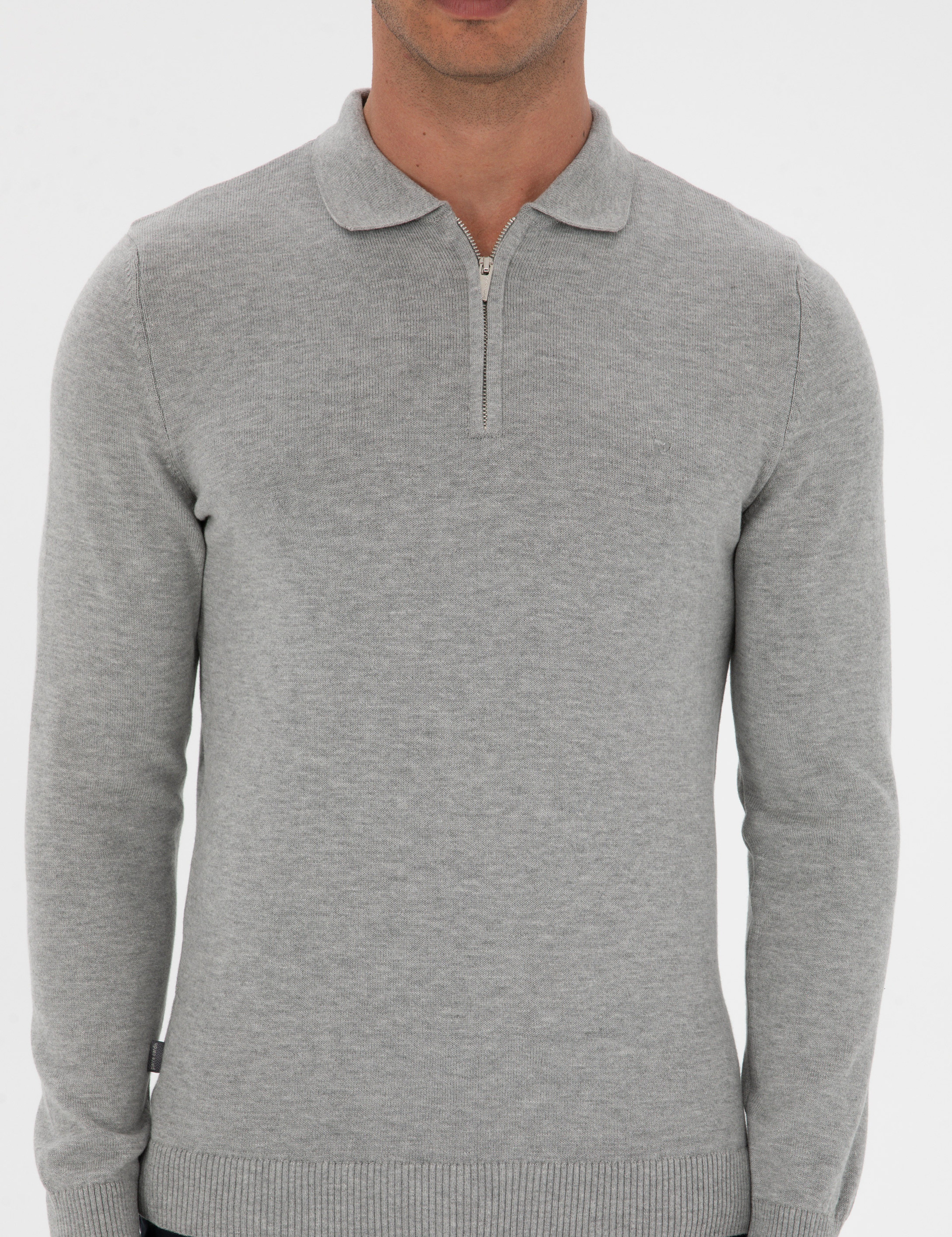Gri Melanj Slim Fit Polo Yaka Fermuarlı Basic Triko Kazak - Image 6