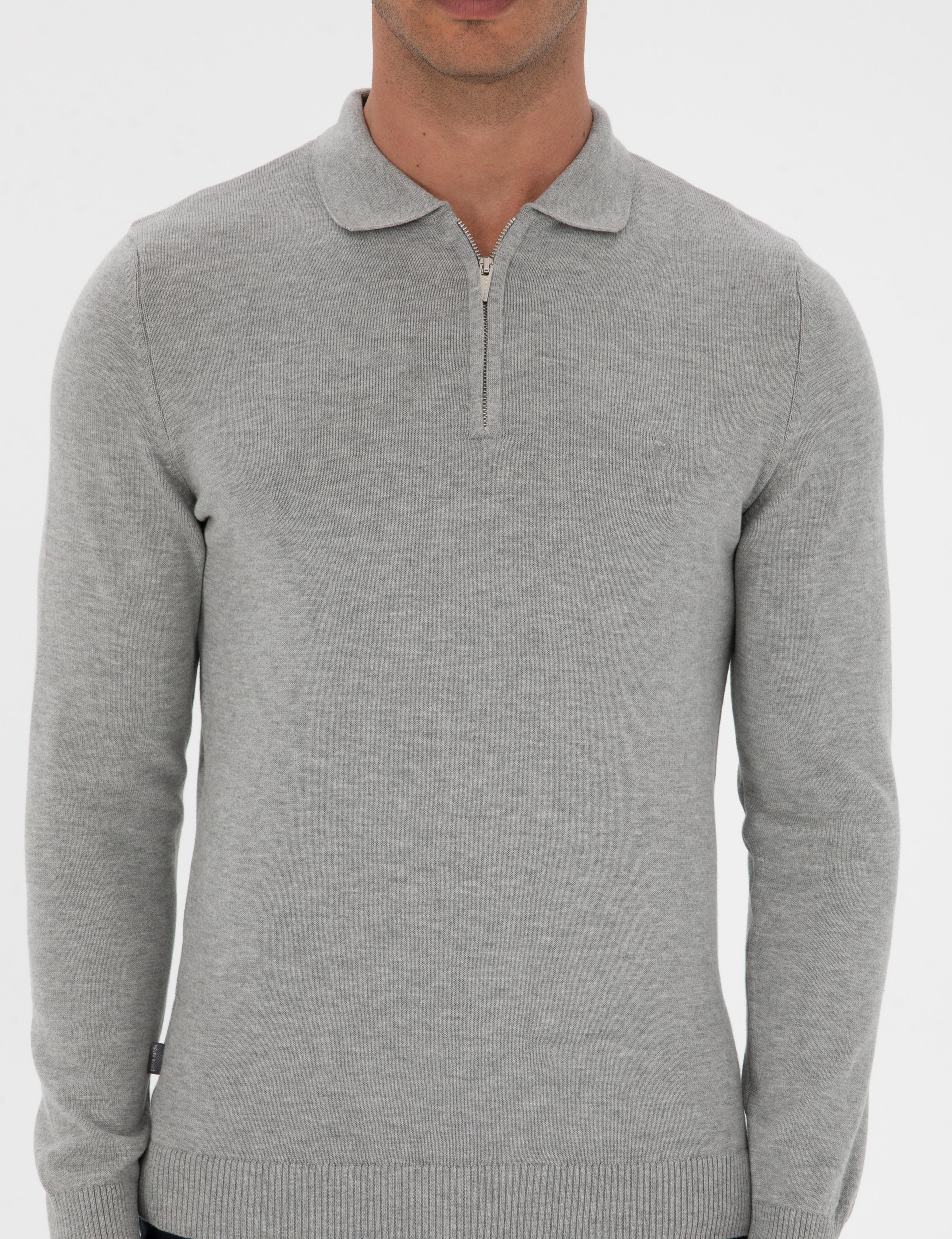 Gri Melanj Slim Fit Polo Yaka Fermuarlı Basic Triko Kazak