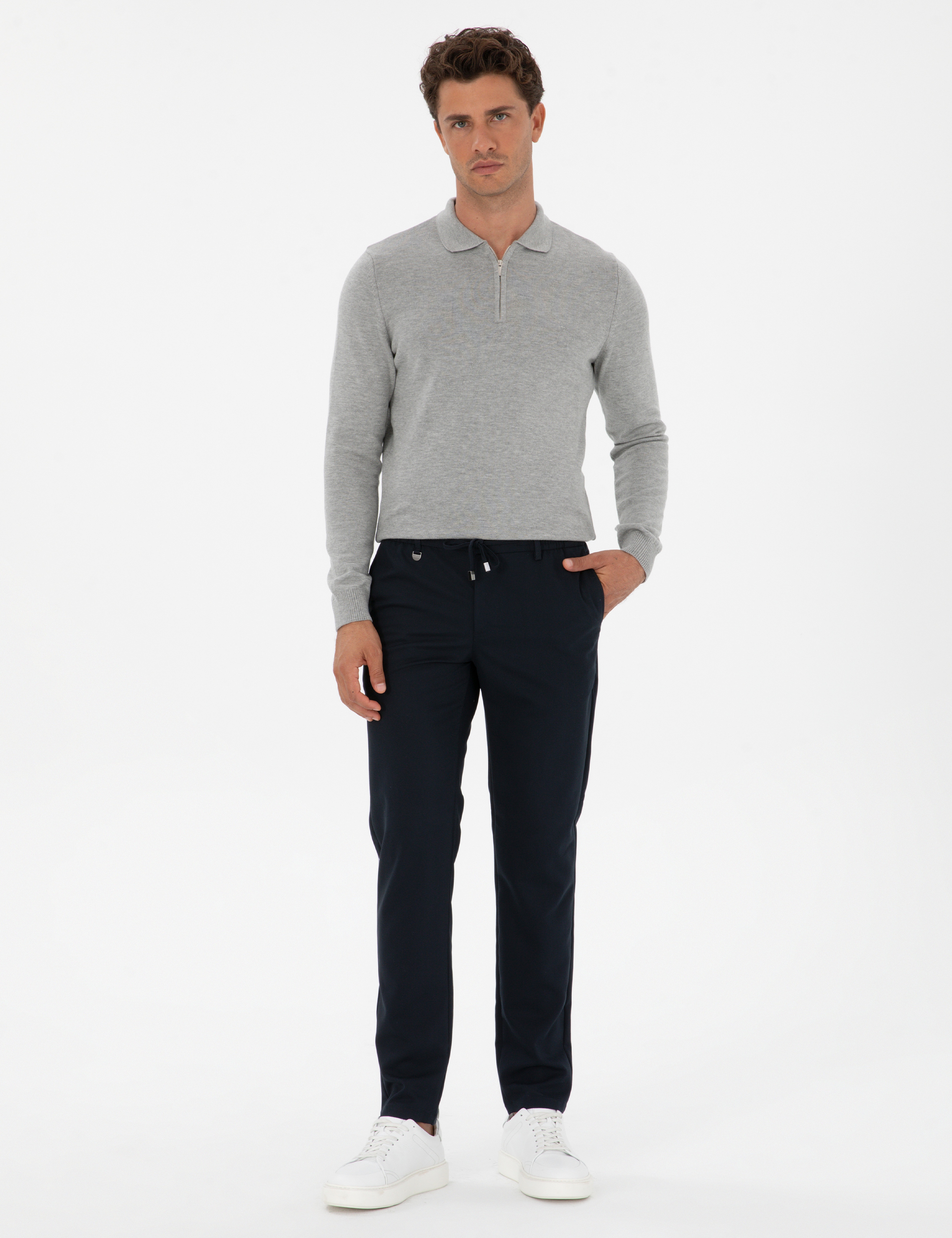Gri Melanj Slim Fit Polo Yaka Fermuarlı Basic Triko Kazak - Image 4