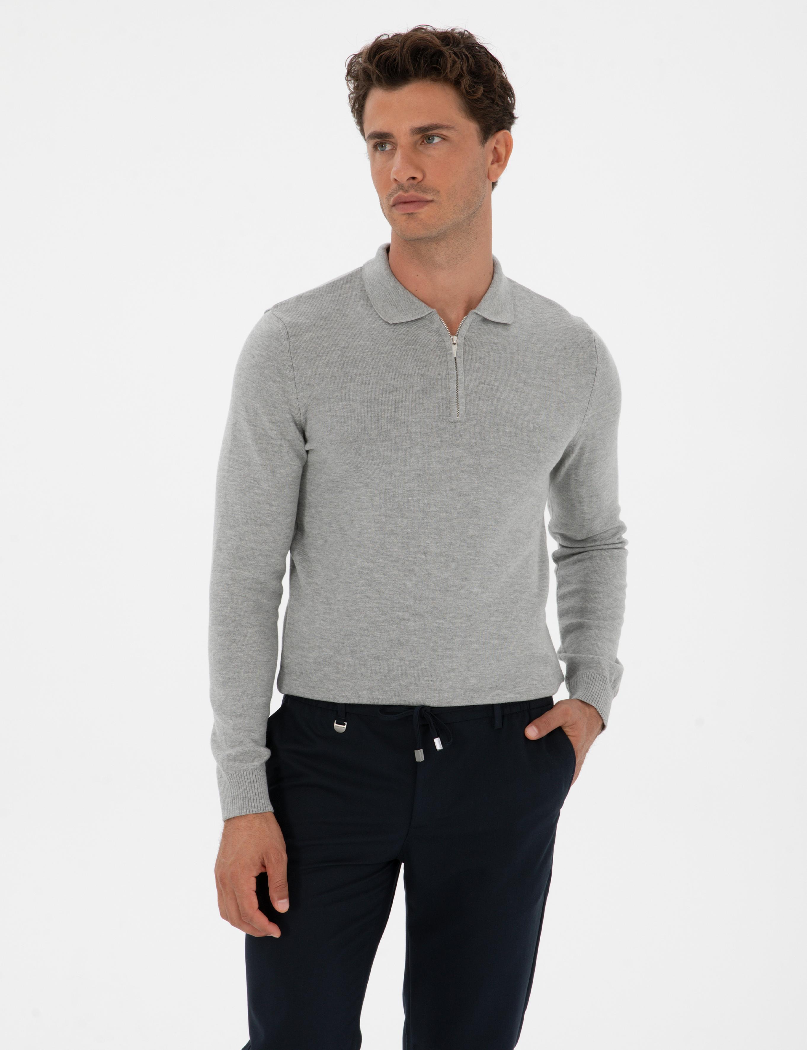 Gri Melanj Slim Fit Polo Yaka Fermuarlı Basic Triko Kazak