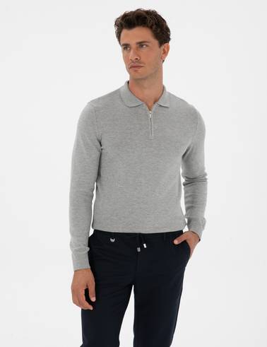 Gri Melanj Slim Fit Polo Yaka Fermuarlı Basic Triko Kazak