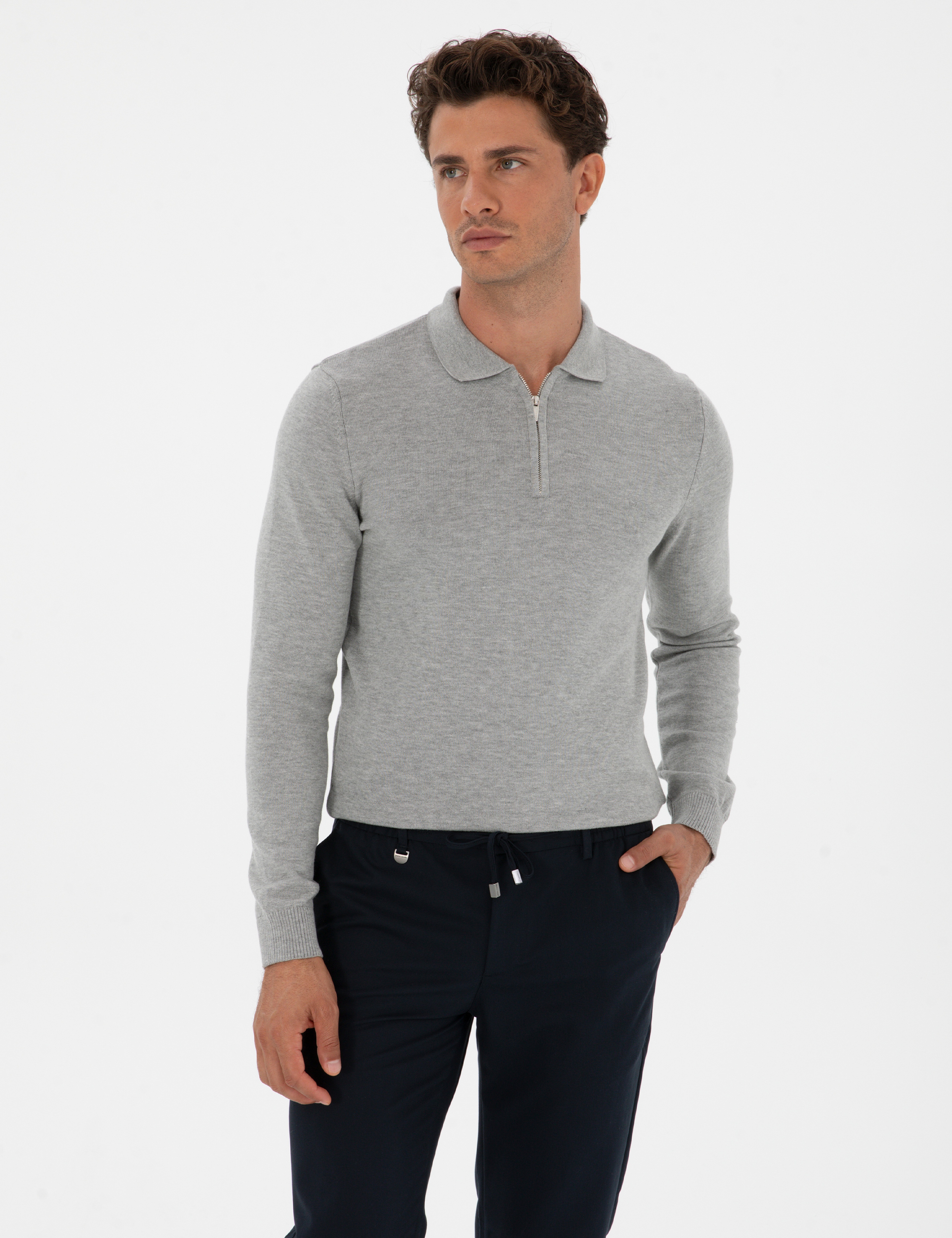 Gri Melanj Slim Fit Polo Yaka Fermuarlı Basic Triko Kazak - Image 3