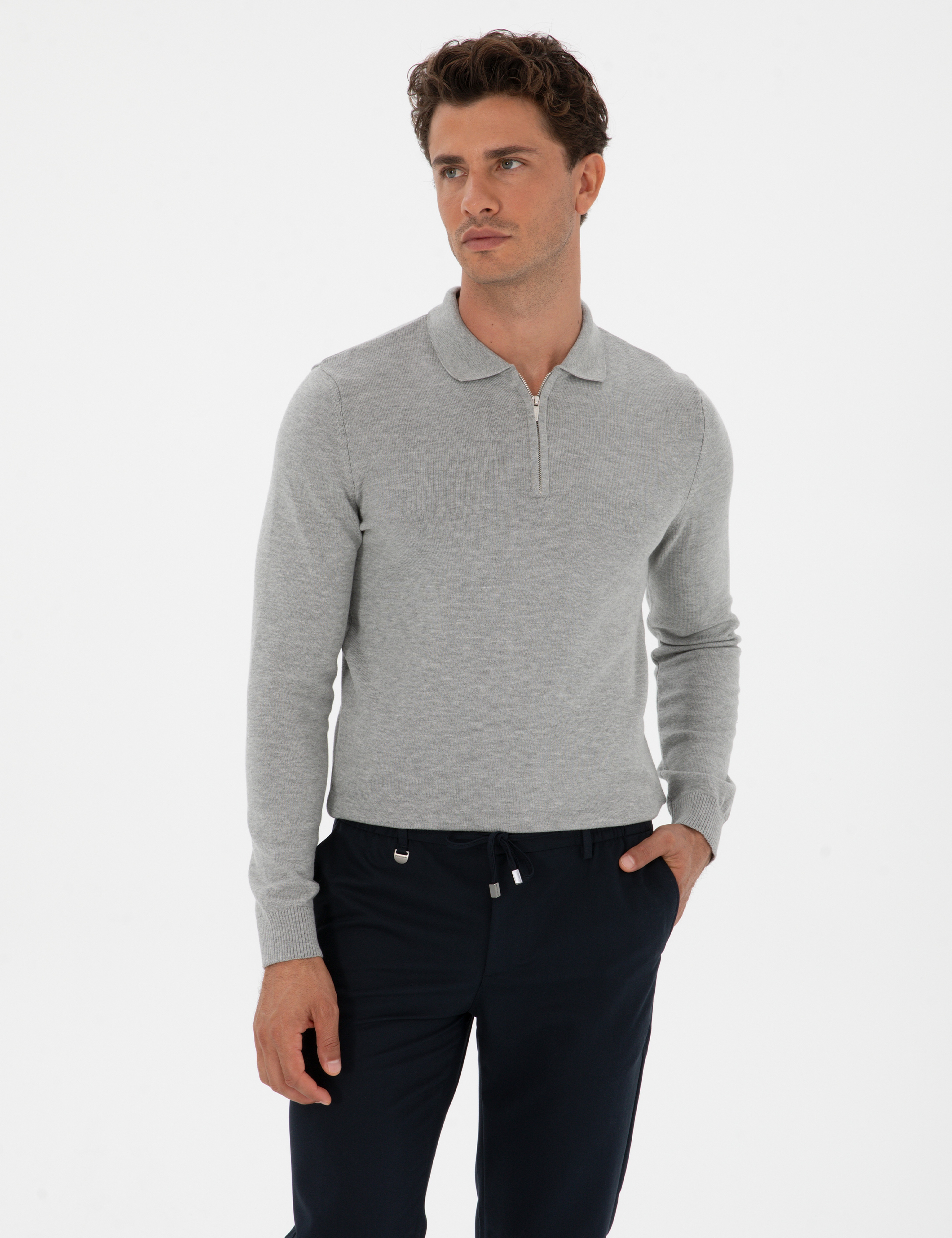Gri Melanj Slim Fit Polo Yaka Fermuarlı Basic Triko Kazak