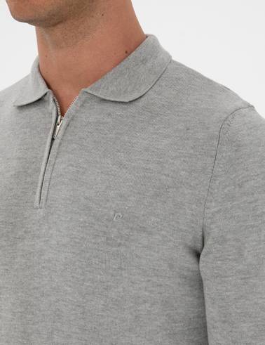 Gri Melanj Slim Fit Polo Yaka Fermuarlı Basic Triko Kazak