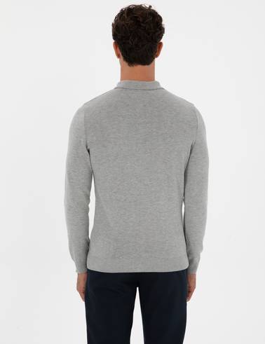 Gri Melanj Slim Fit Polo Yaka Fermuarlı Basic Triko Kazak