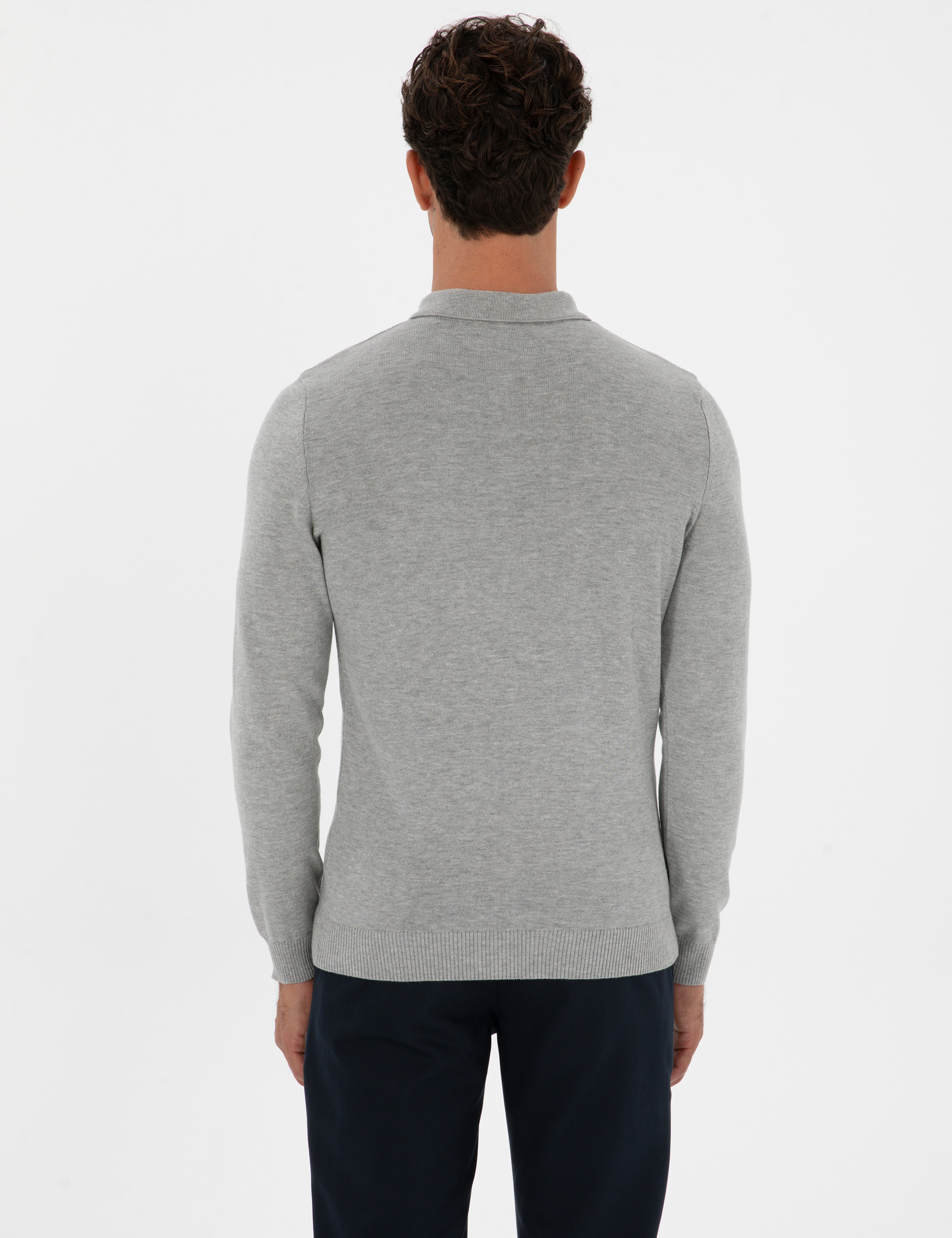 Gri Melanj Slim Fit Polo Yaka Fermuarlı Basic Triko Kazak - Image 5