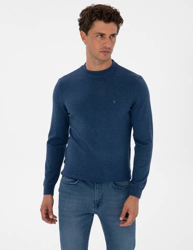 İndigo Melanj Slim Fit Çeyrek Yaka Basic Triko Kazak