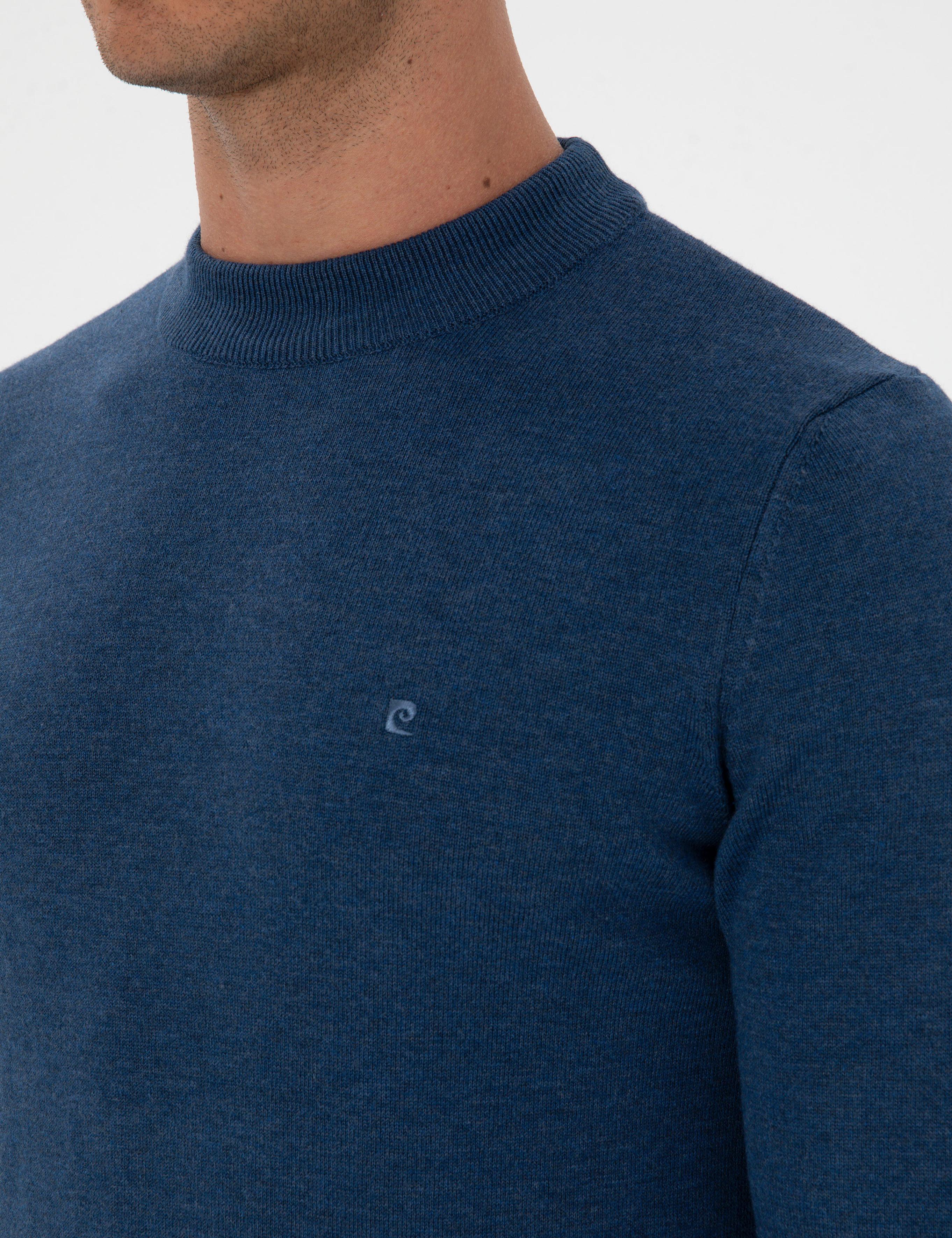 İndigo Melanj Slim Fit Çeyrek Yaka Basic Triko Kazak