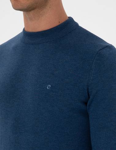 İndigo Melanj Slim Fit Çeyrek Yaka Basic Triko Kazak
