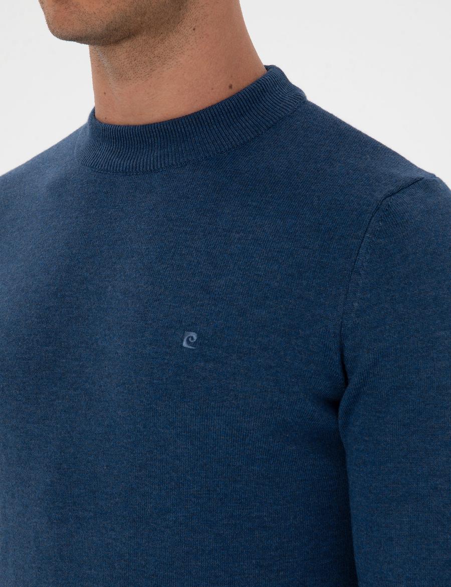 İndigo Melanj Slim Fit Çeyrek Yaka Basic Triko Kazak