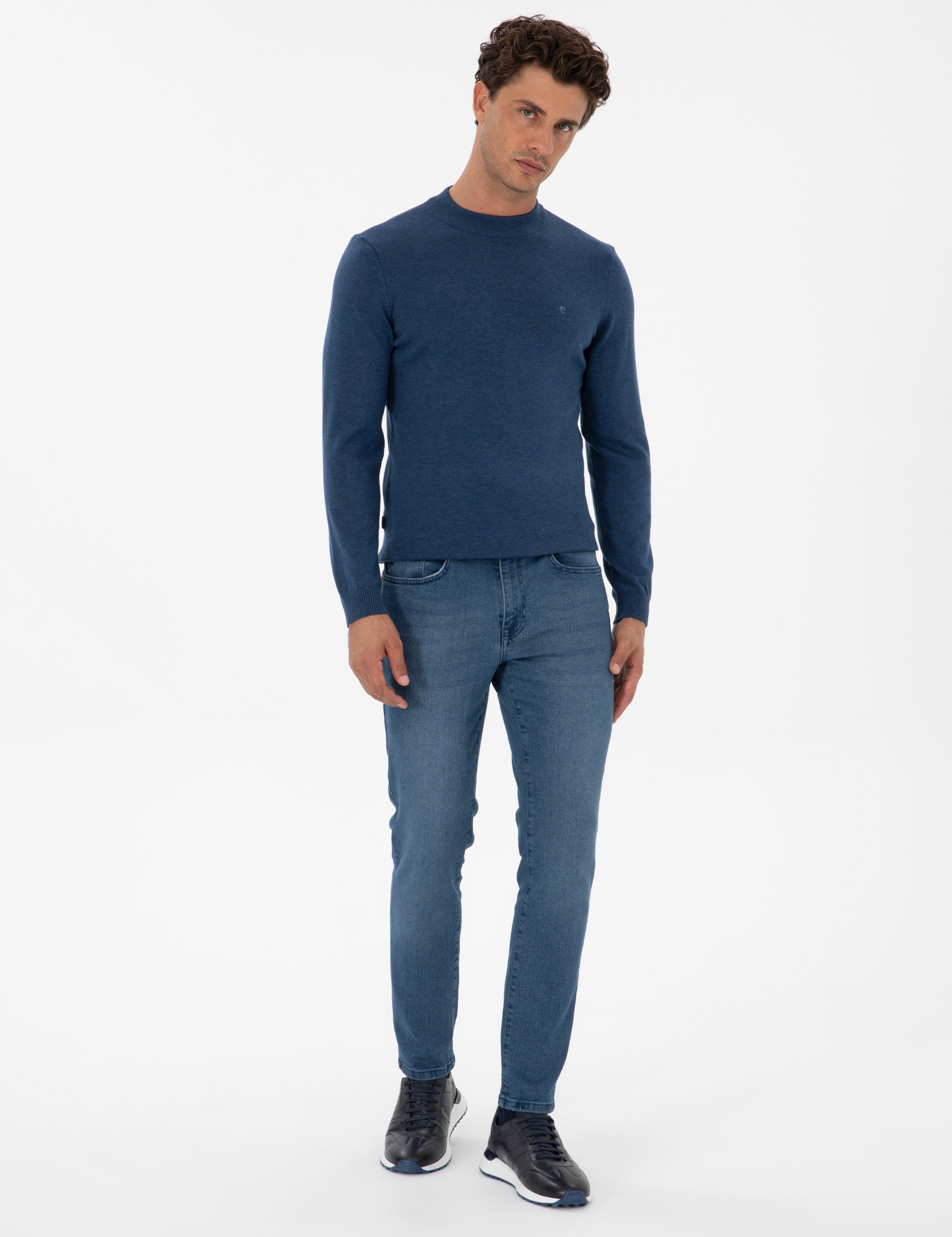 İndigo Melanj Slim Fit Çeyrek Yaka Basic Triko Kazak - Image 4