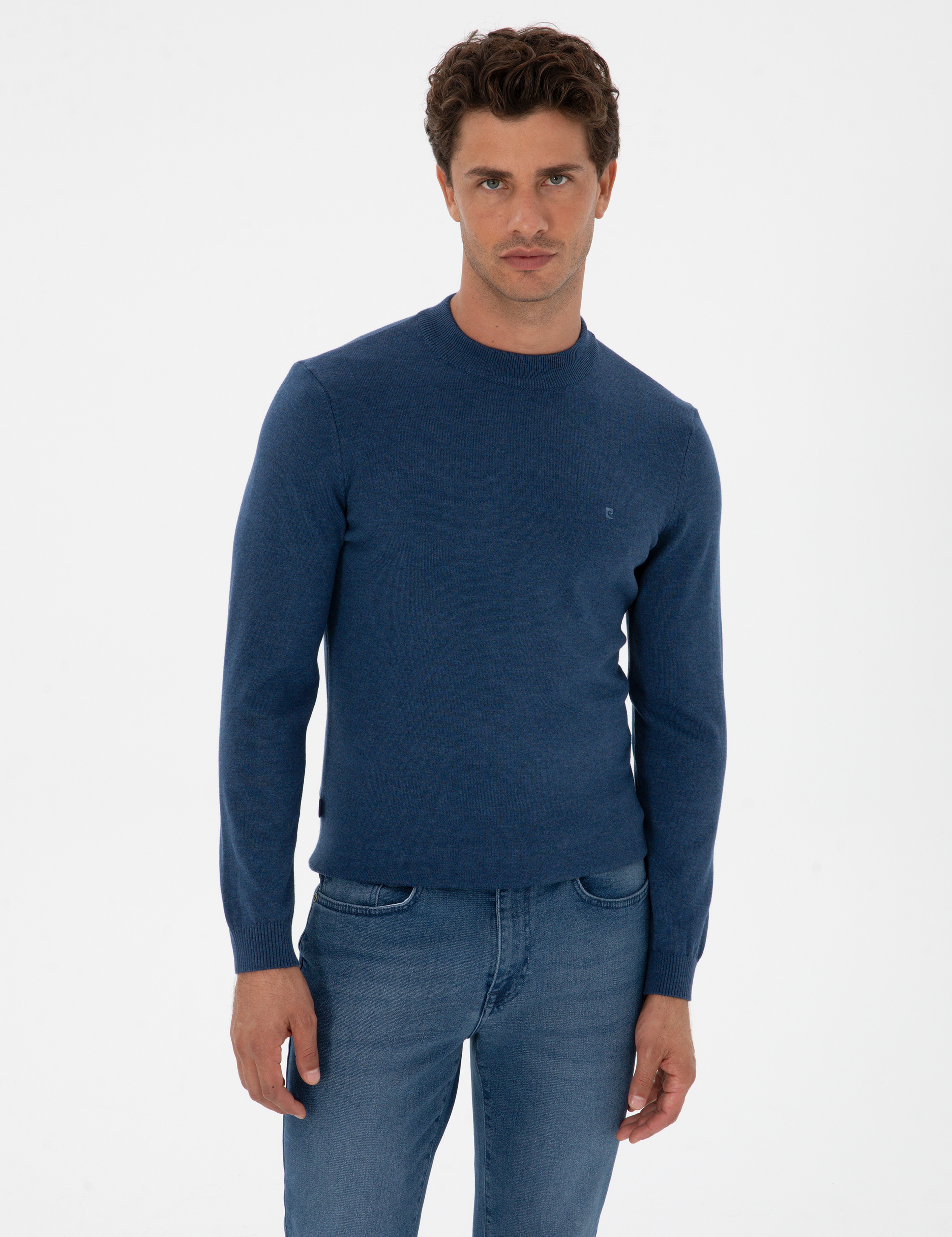 İndigo Melanj Slim Fit Çeyrek Yaka Basic Triko Kazak - Image 1