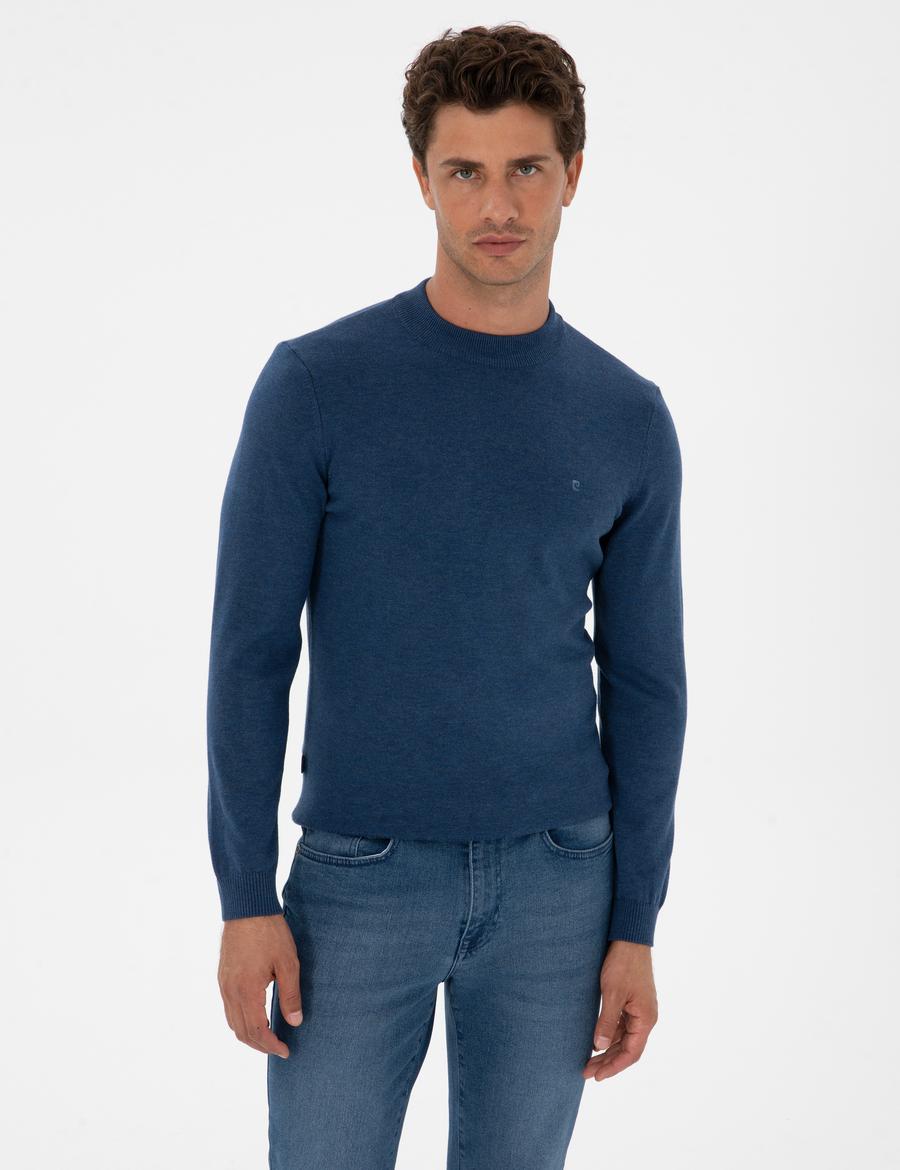 İndigo Melanj Slim Fit Çeyrek Yaka Basic Triko Kazak