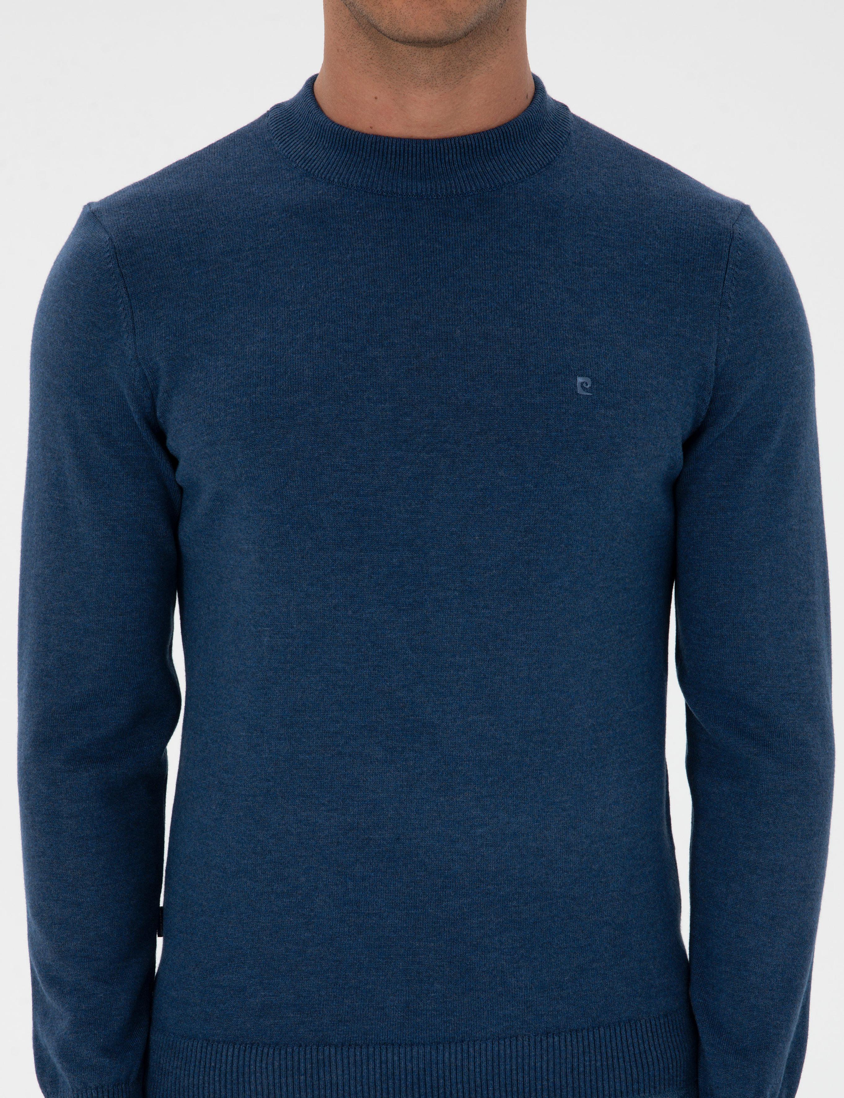 İndigo Melanj Slim Fit Çeyrek Yaka Basic Triko Kazak