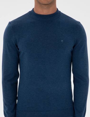 İndigo Melanj Slim Fit Çeyrek Yaka Basic Triko Kazak