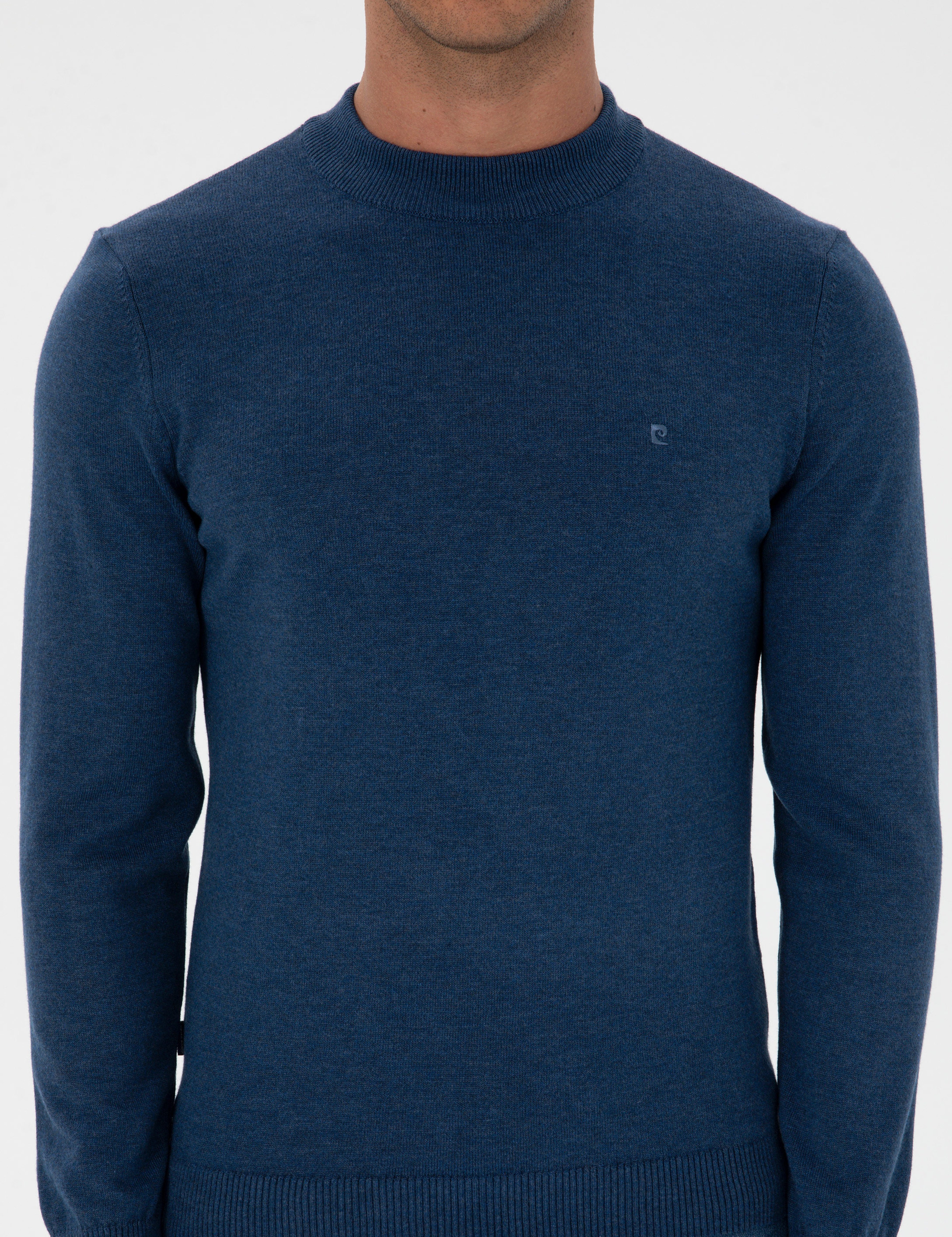 İndigo Melanj Slim Fit Çeyrek Yaka Basic Triko Kazak