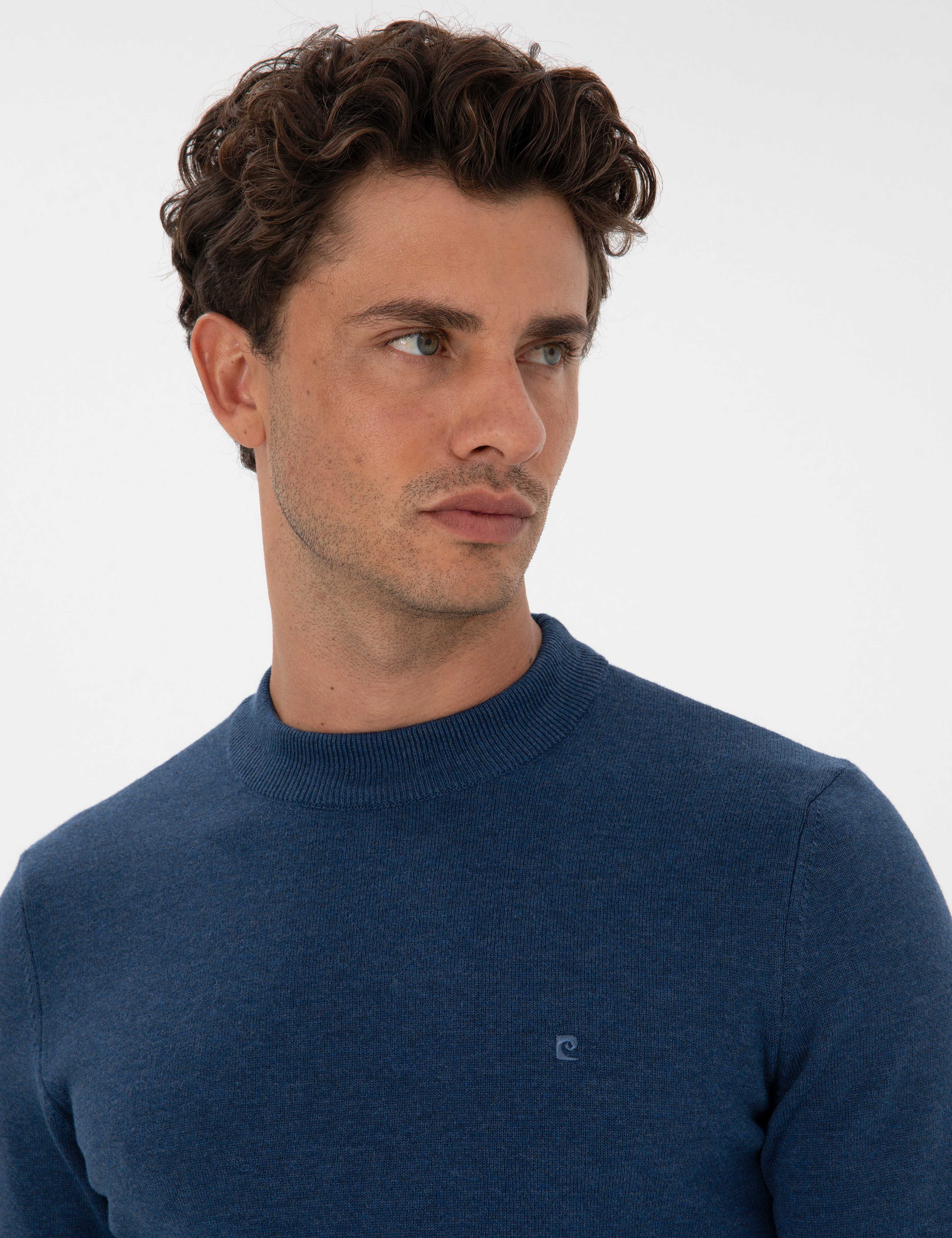 İndigo Melanj Slim Fit Çeyrek Yaka Basic Triko Kazak - Image 2