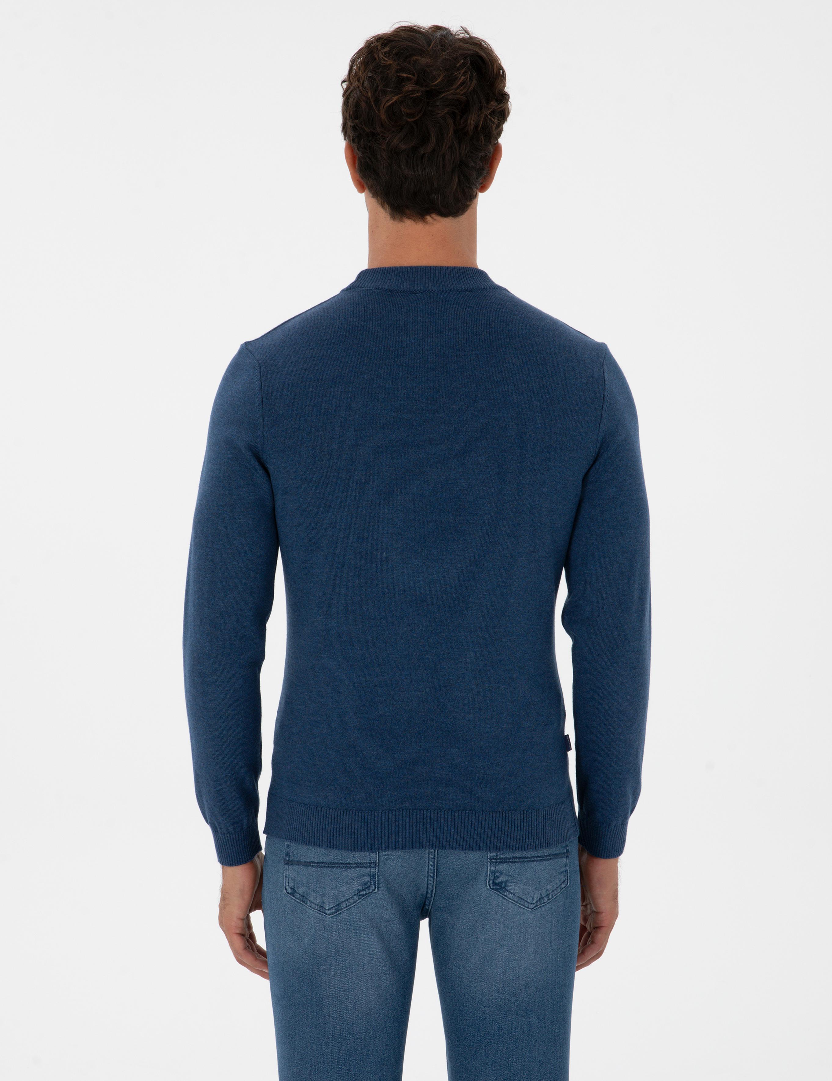 İndigo Melanj Slim Fit Çeyrek Yaka Basic Triko Kazak