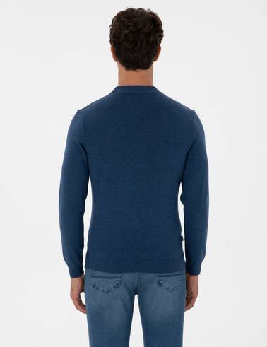 İndigo Melanj Slim Fit Çeyrek Yaka Basic Triko Kazak